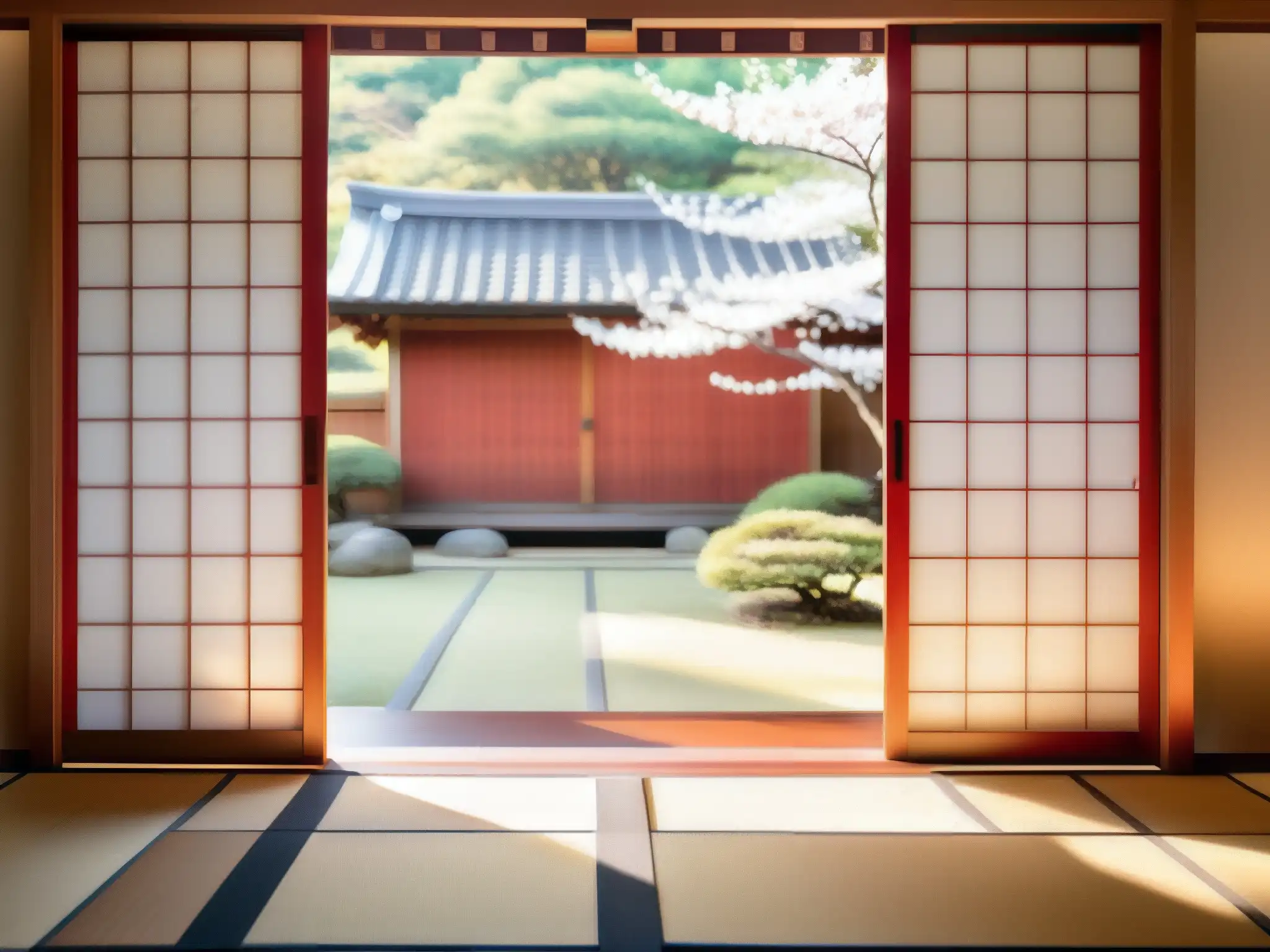 La Mujer de la Ventana Japón: Puerta shoji con patrón de cerezo y jardín japonés sereno al fondo, evocando tranquilidad y belleza atemporal