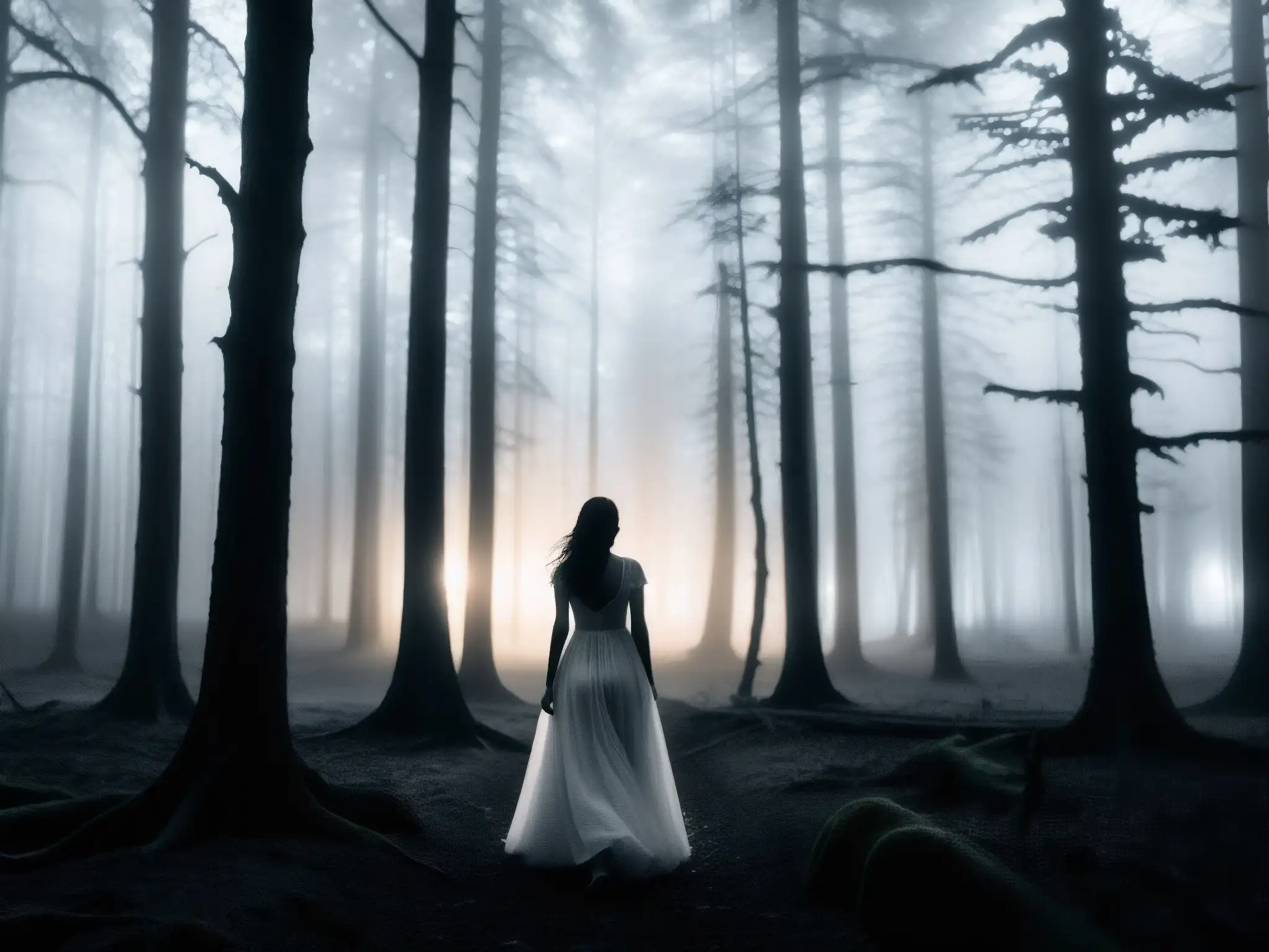 Una mujer en vestido fluye entre árboles nocturnos en un bosque neblinoso
