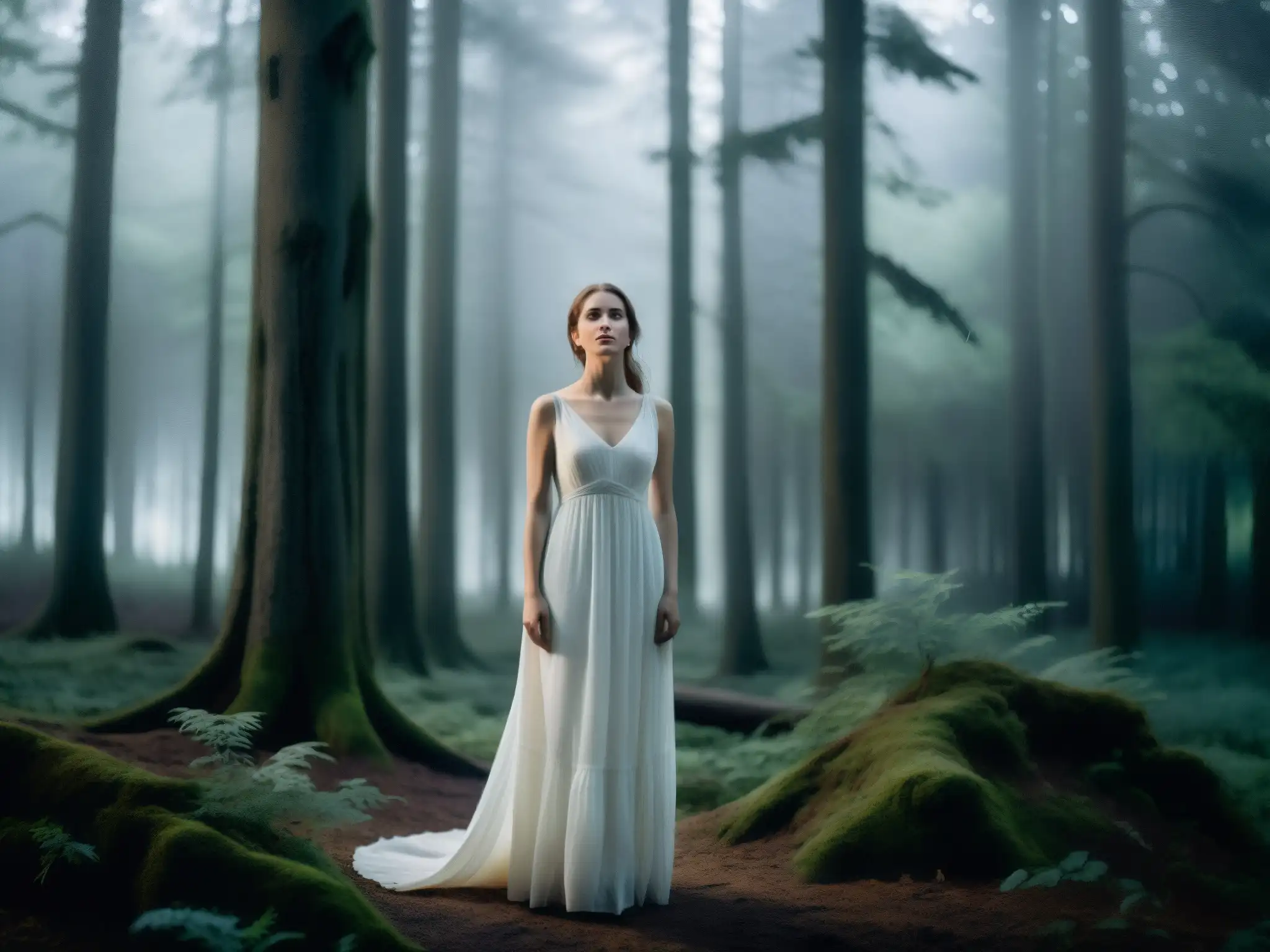 Una mujer en vestido blanco en un bosque brumoso, evocando misterio y melancolía, ideal para mitos y leyendas de apariciones femeninas