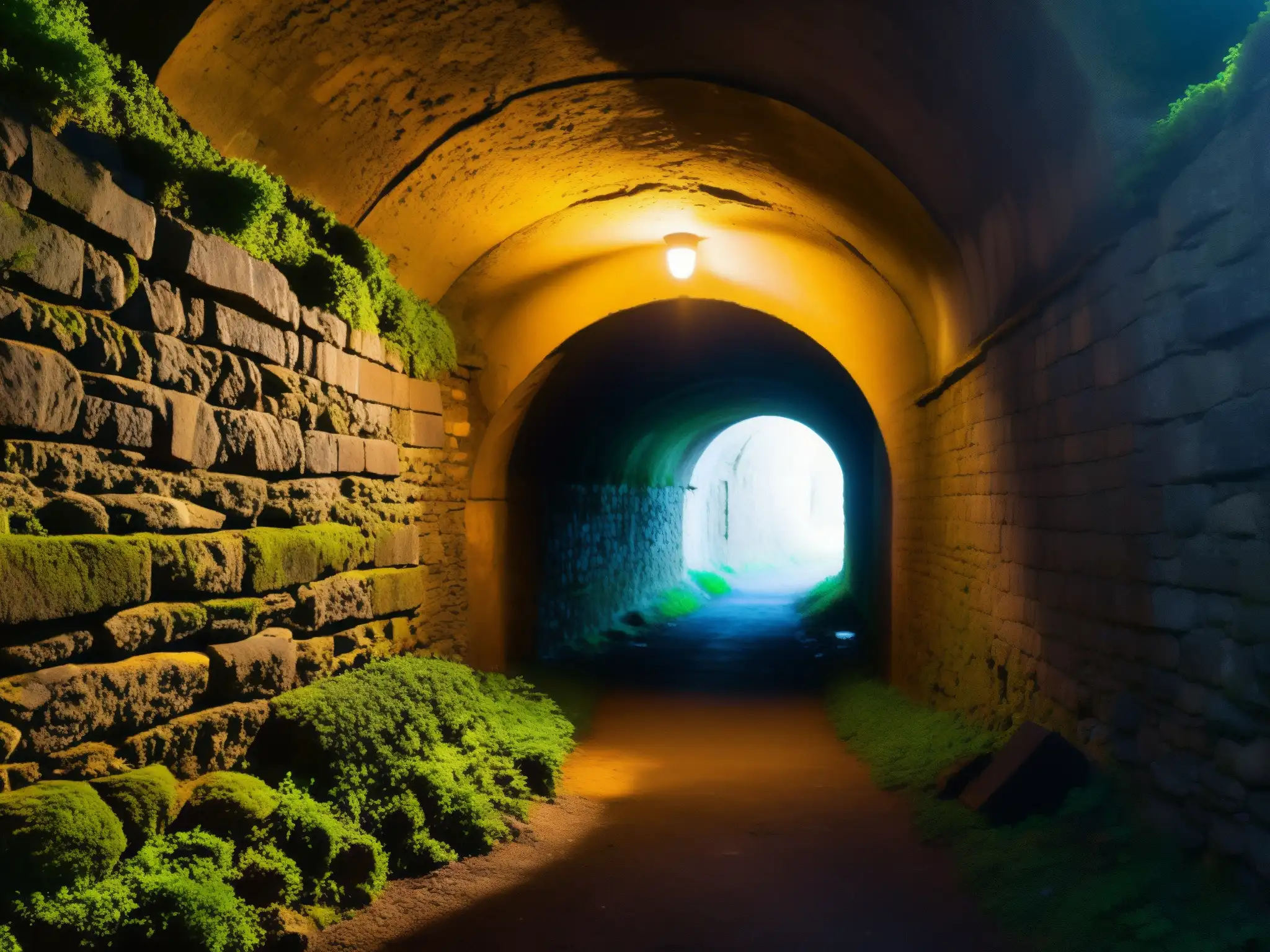 Mujer del Túnel de Yamate: Entrada sombría con paredes de piedra cubiertas de musgo, una luz sutil al final evoca un ambiente misterioso y cautivador