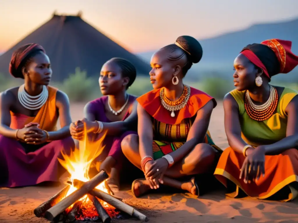 Mujeres africanas participan en un ritual alrededor de una fogata, envueltas en una atmósfera mística