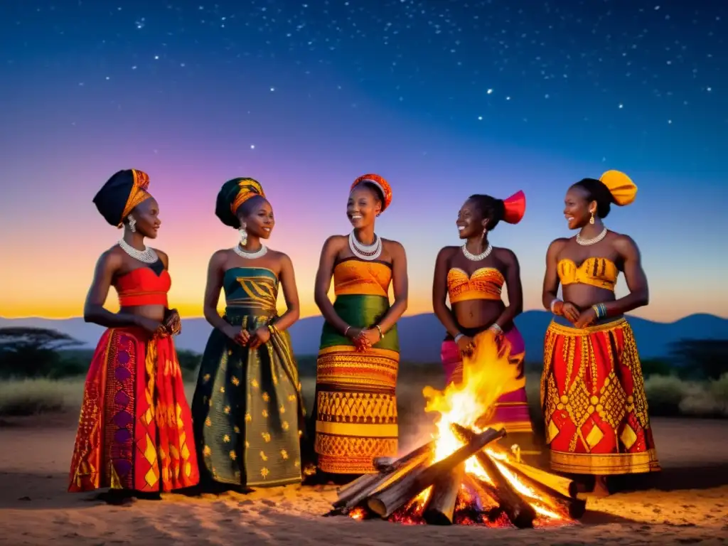 Mujeres africanas en trajes tradicionales realizan danza ritual alrededor de fogata