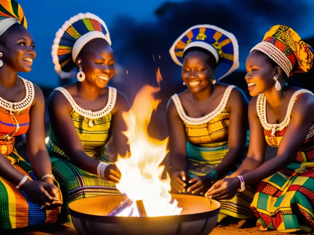 Togolese mujeres danzan en honor a Nana Buluku, deidad ancestral Togo, alrededor del fuego, vistiendo trajes tradicionales coloridos