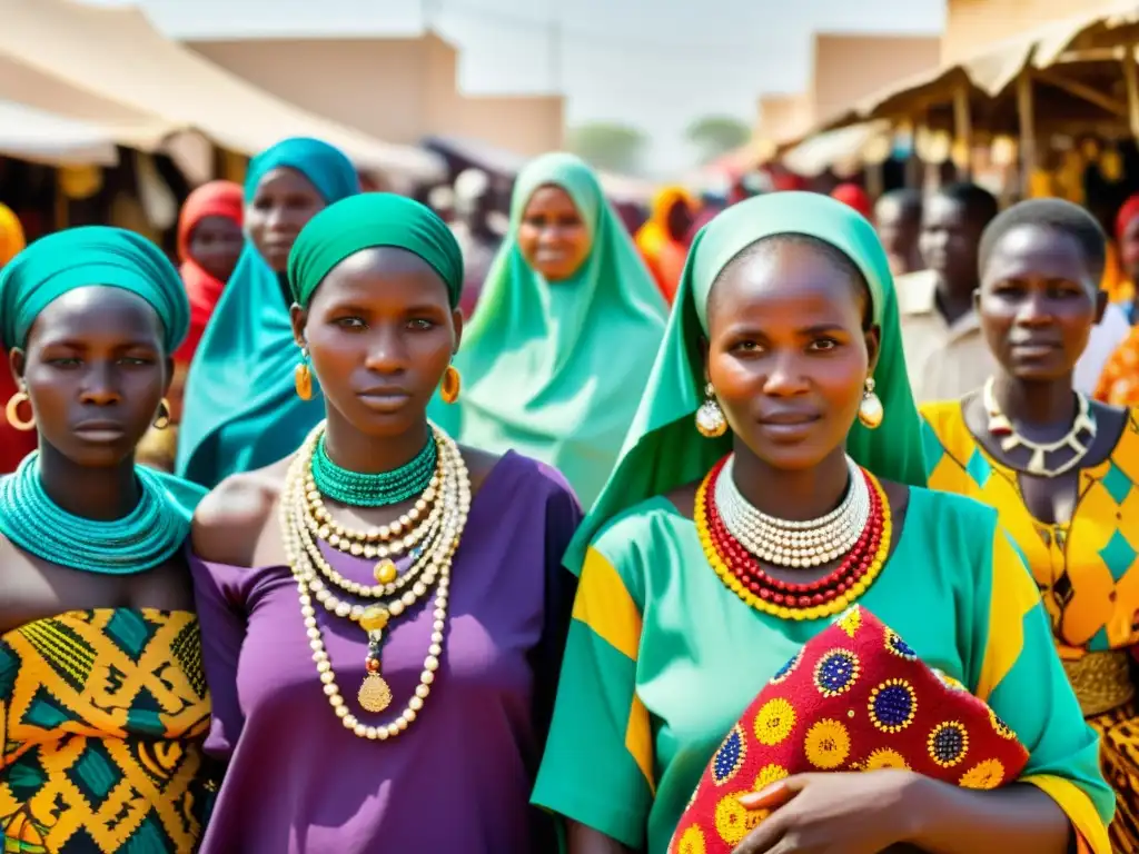 Mujeres en vibrantes trajes tradicionales en el bullicioso mercado de N'Djamena, capturando la energía y cultura local de forma detallada