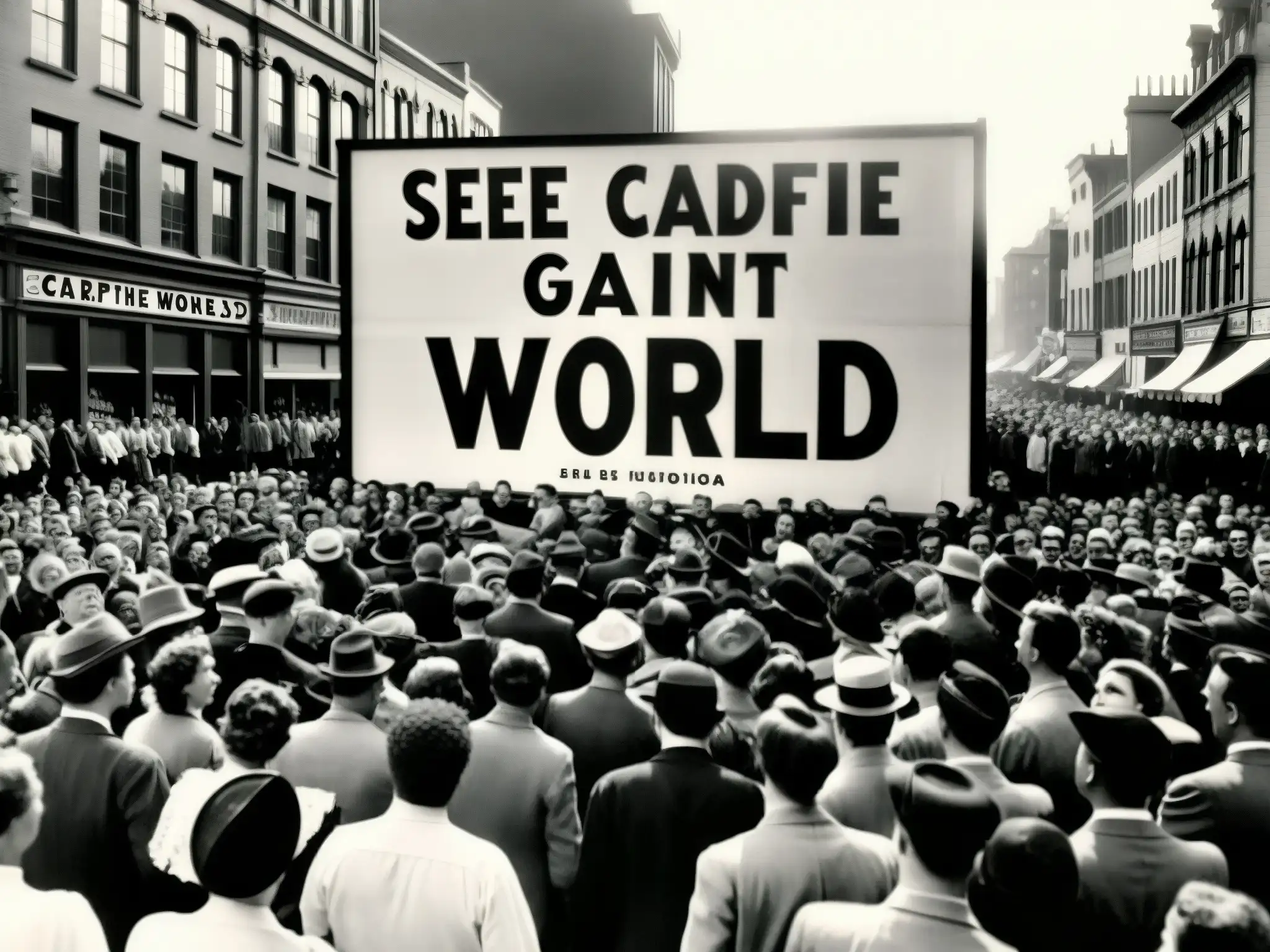 Multitud en la calle de la ciudad, emocionada por ver la leyenda del Gigante Cardiff, capturando la cultura del engaño en la América del siglo XX