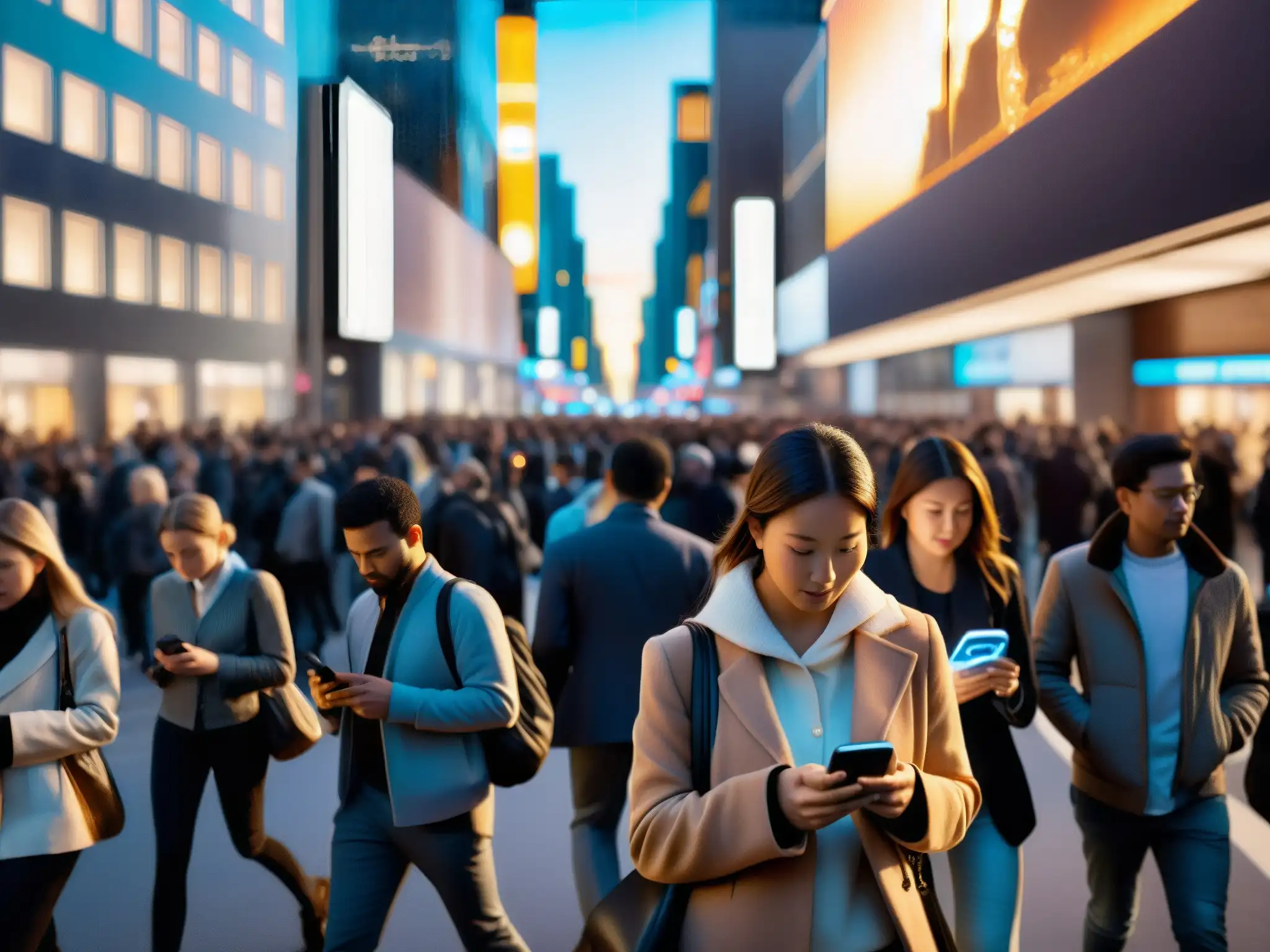 Multitud en la ciudad absorbida por sus smartphones, con impacto de la era digital en leyendas urbanas