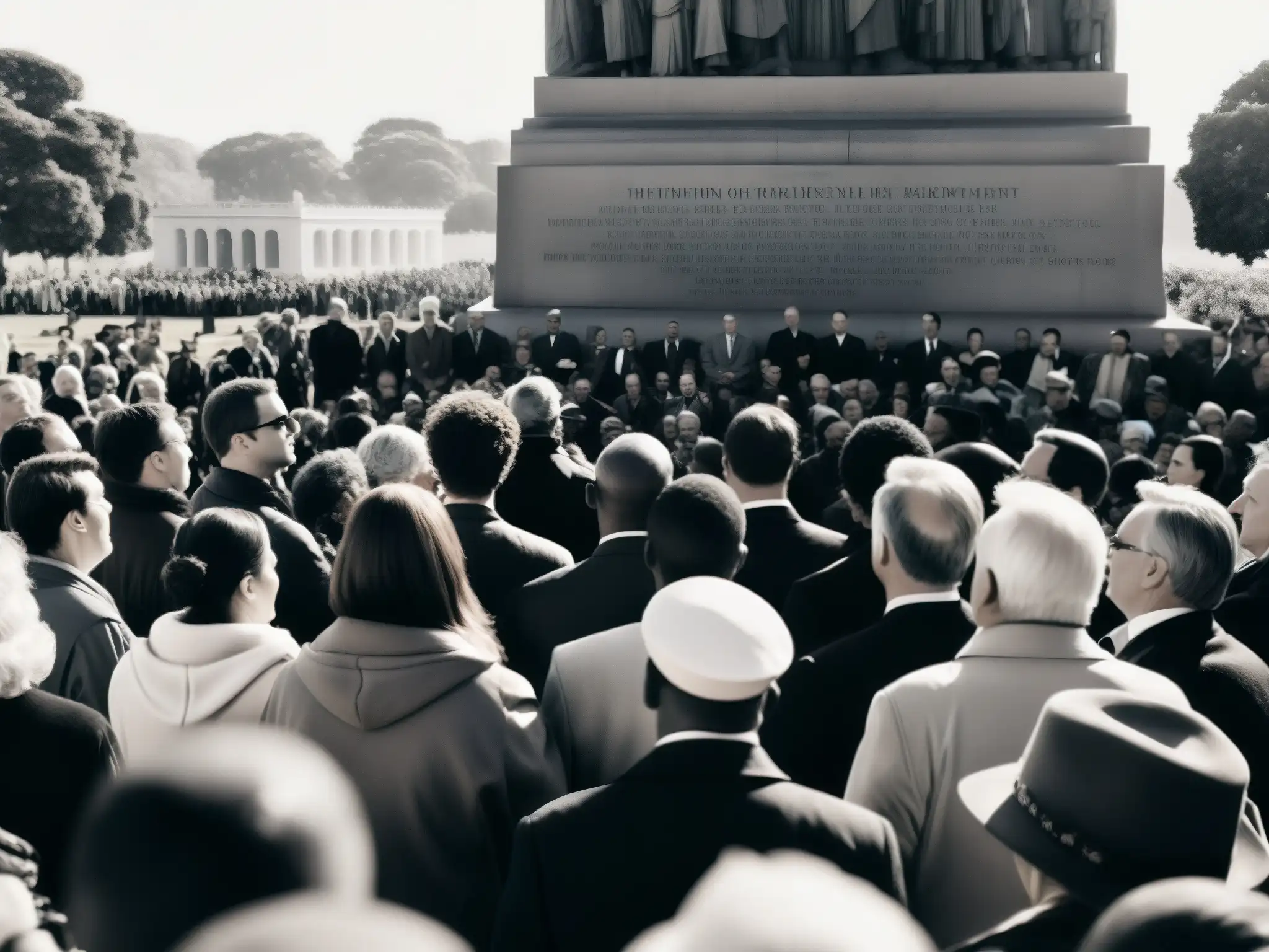 Multitud emocionada escucha discurso en monumento histórico, reflejando proceso psicológico mitificación eventos históricos