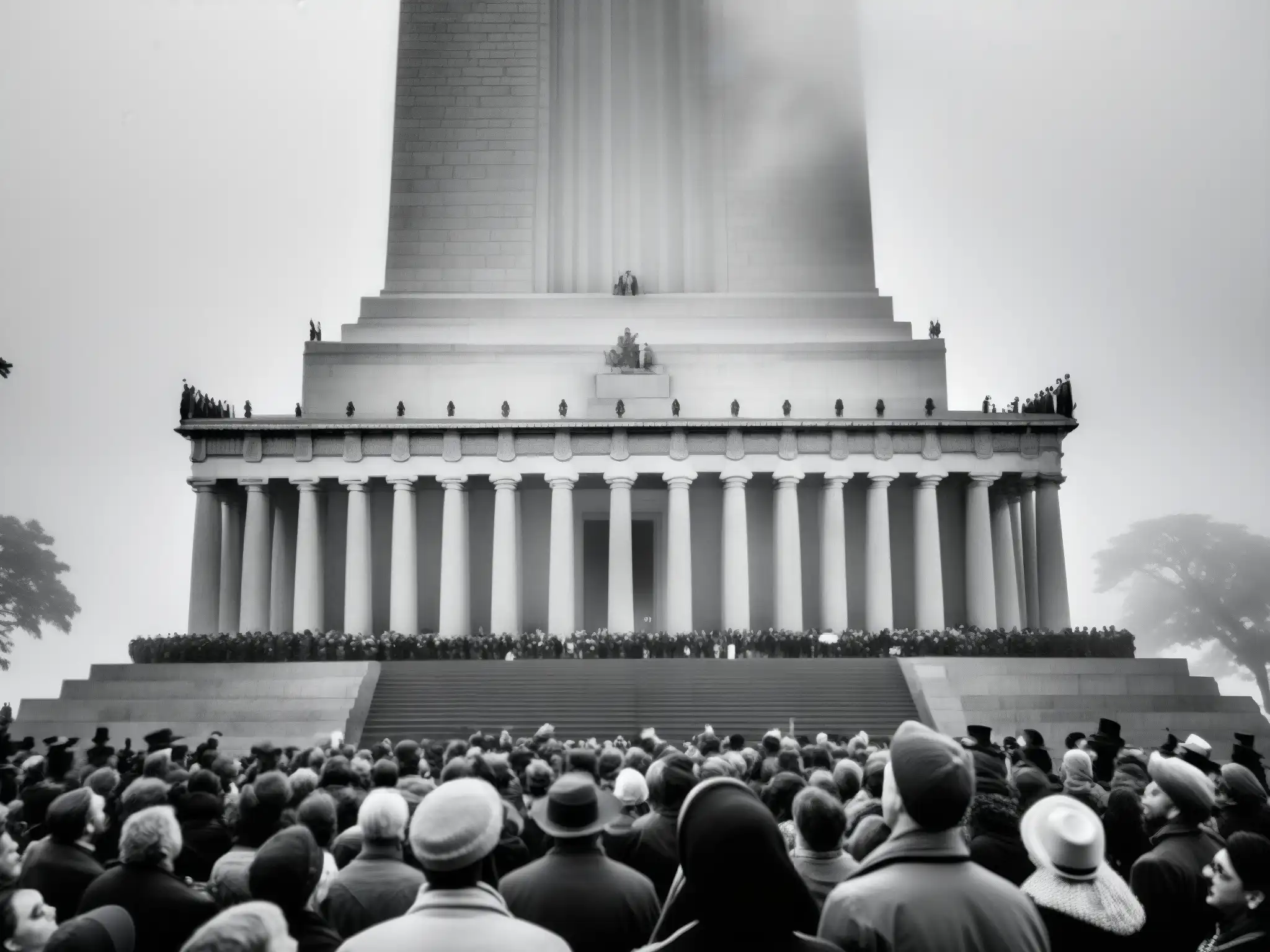 Una multitud contemplando un monumento histórico envuelto en niebla, mostrando el proceso psicológico de mitificación de eventos históricos