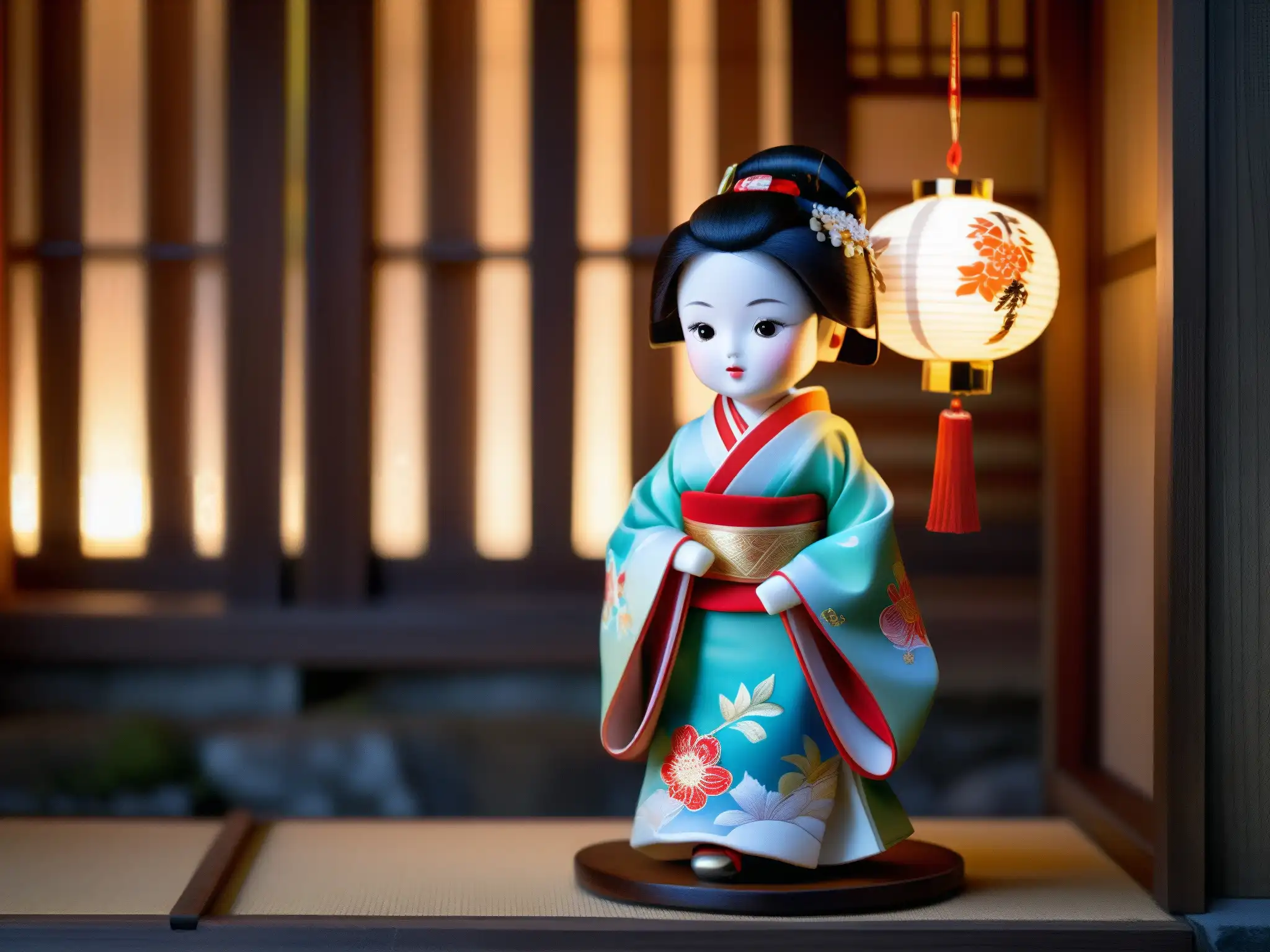 Una muñeca japonesa de porcelana en un kimono vibrante, en un templo antiguo iluminado por linternas, evocando el origen y misterio de Okiku
