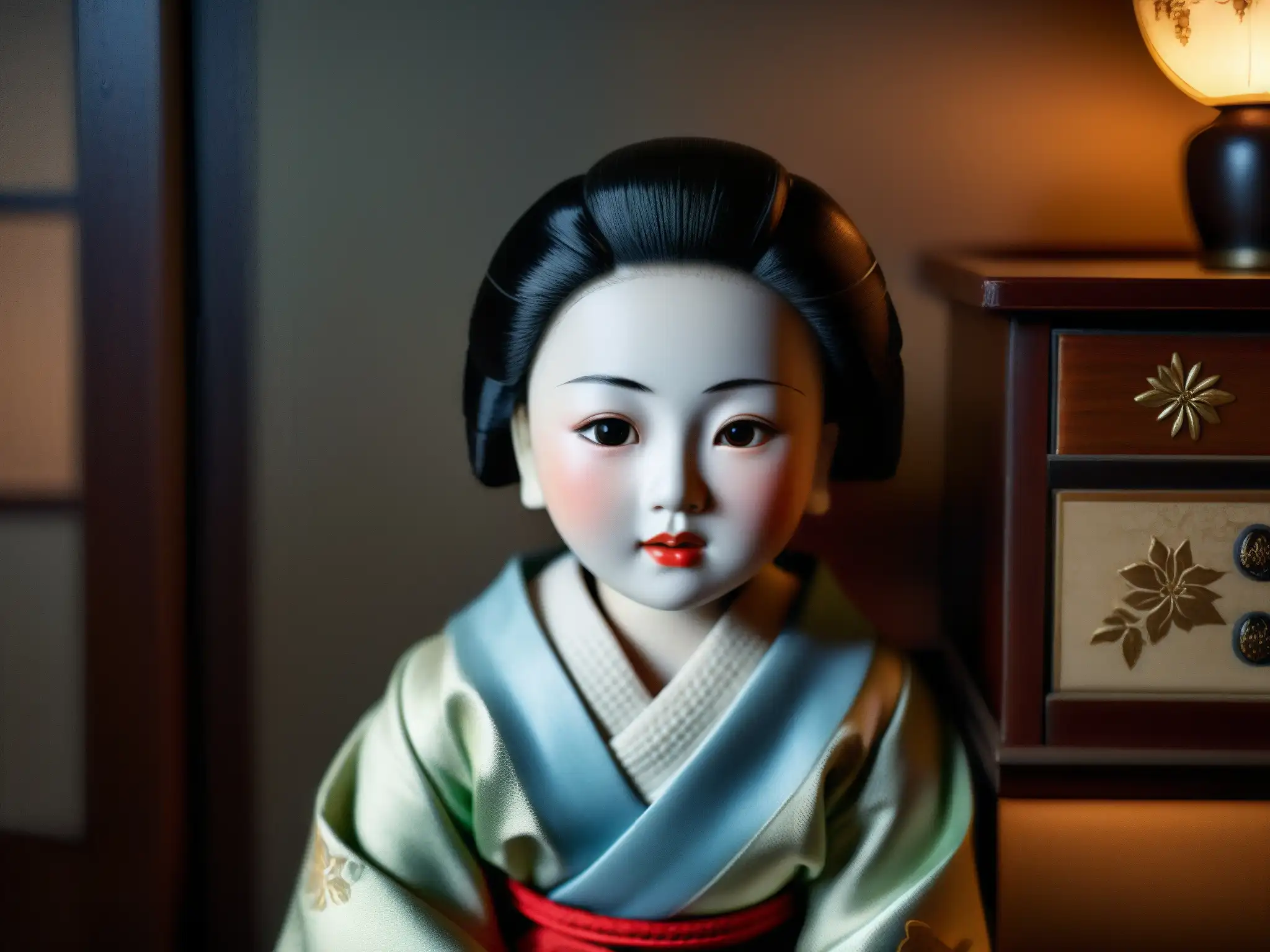 Una muñeca japonesa tradicional con porcelana agrietada, en una habitación lúgubre