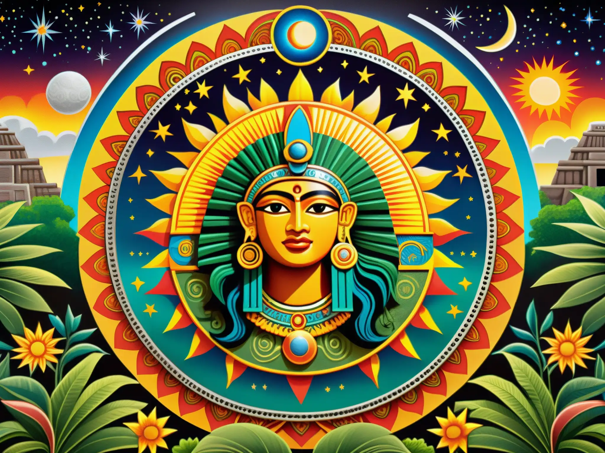 Un mural azteca detallado con la leyenda de la cosmovisión y romance, mostrando el baile cósmico de los cuerpos celestes en un entorno místico