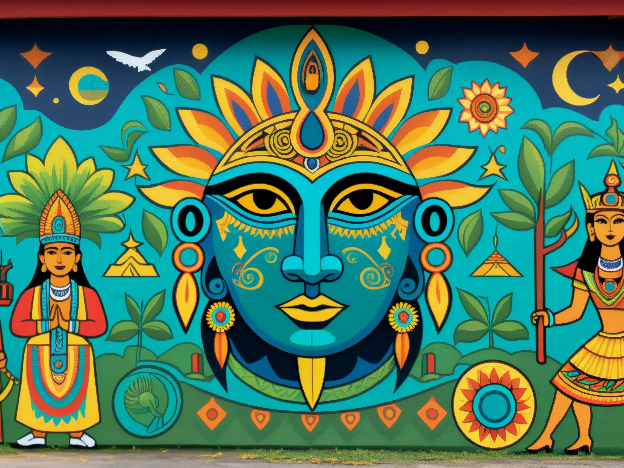 Un mural colorido que muestra teorías y leyendas urbanas de Latinoamérica, con criaturas míticas y símbolos enigmáticos