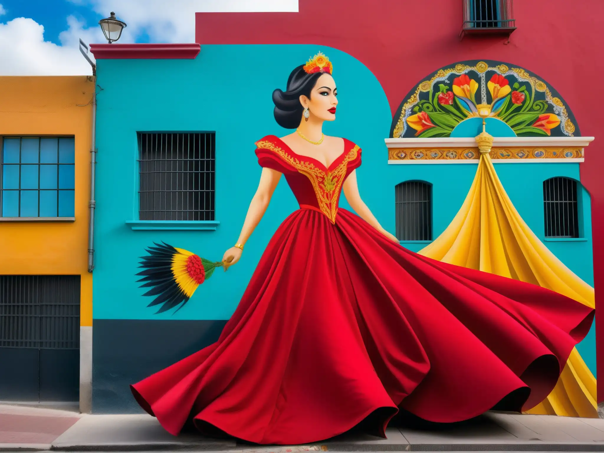 Un mural detallado de la Dama de Rojo en la Calle de la Quemada, capturando la elegancia y terror del enigmático mito mexicano