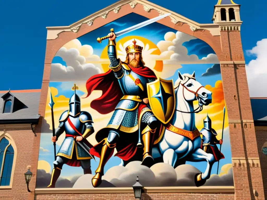 Un mural detallado en un edificio de ladrillo muestra al legendario Rey Arturo empuñando Excalibur, liderando a sus caballeros en batalla