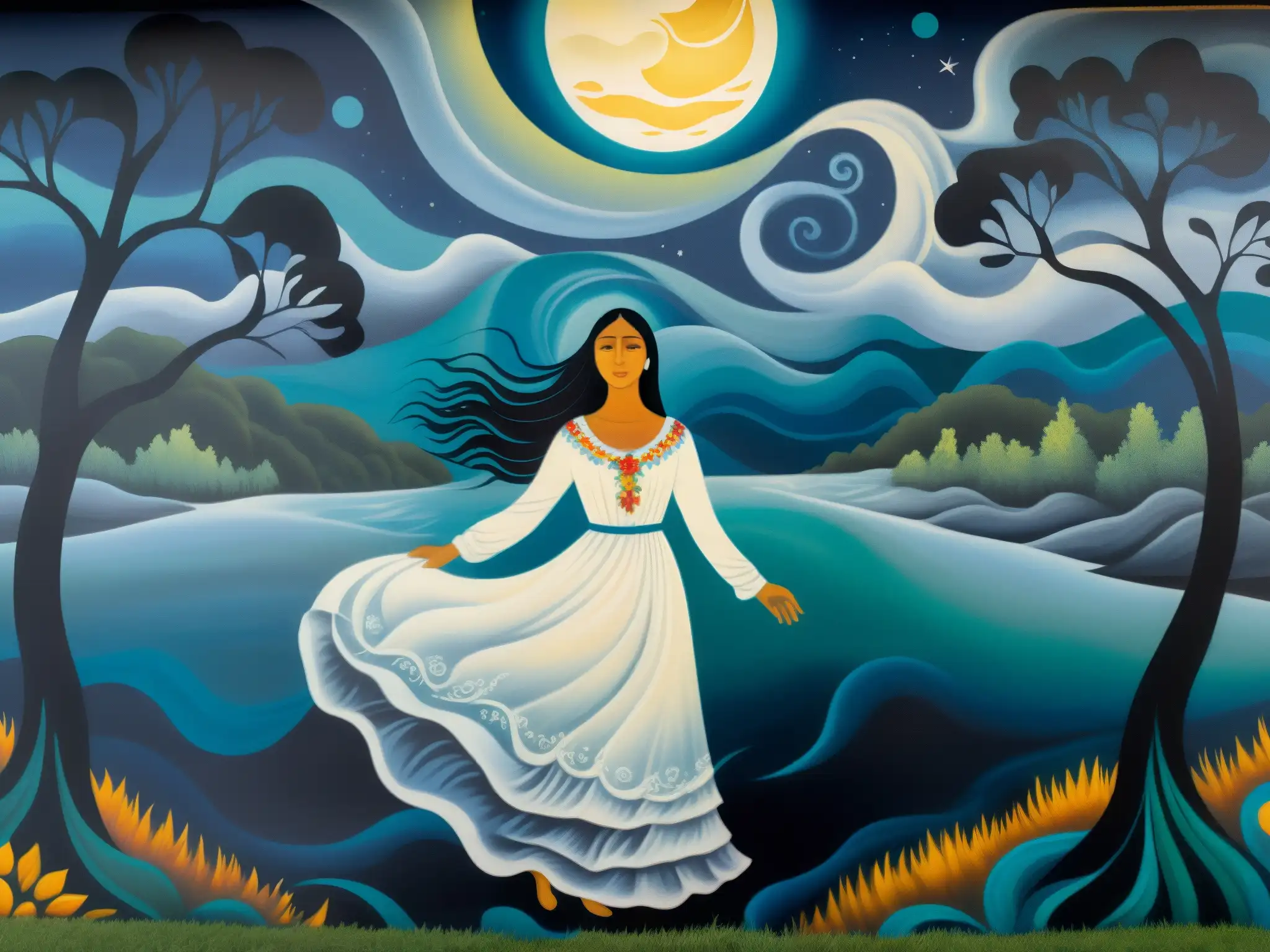 Un mural impresionante que representa a La Llorona vagando por un río iluminado por la luna, con colores vibrantes y detalles intrincados