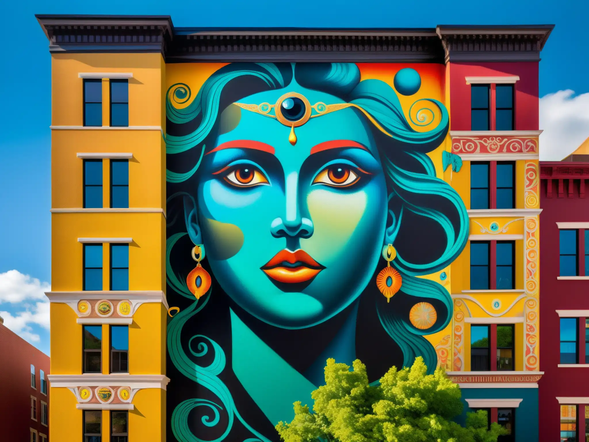 Un mural urbano con leyendas y mitos entrelazados, en colores vibrantes