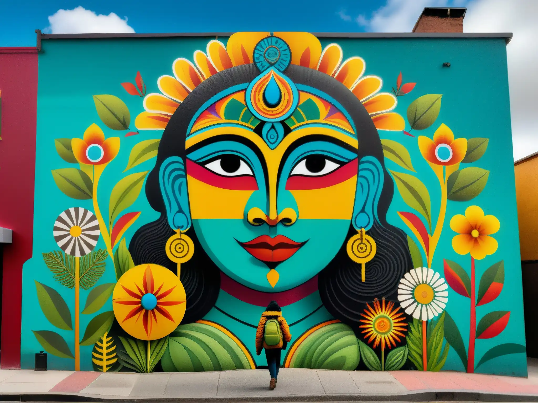 Un mural urbano moderno de la Pachamama, deidad Andina con significado moderno, fusiona arte tradicional con estética urbana