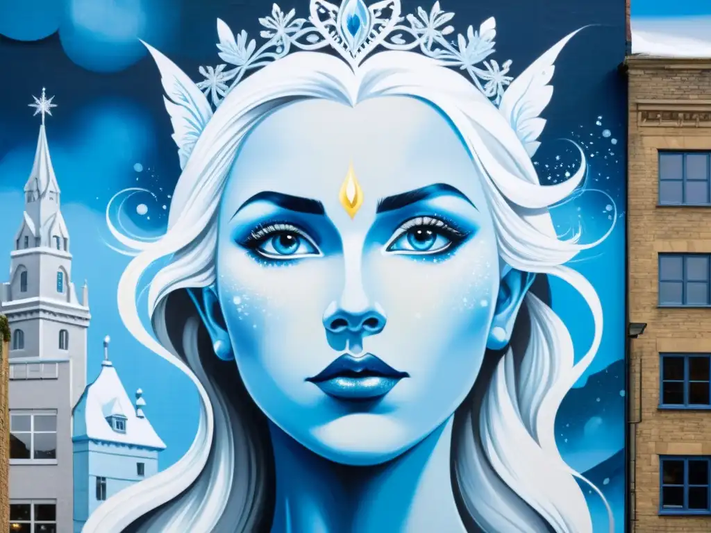 Un mural urbano moderno retrata a la Reina de las Nieves en un ambiente de mitos urbanos, con ojos azules misteriosos y poderosos