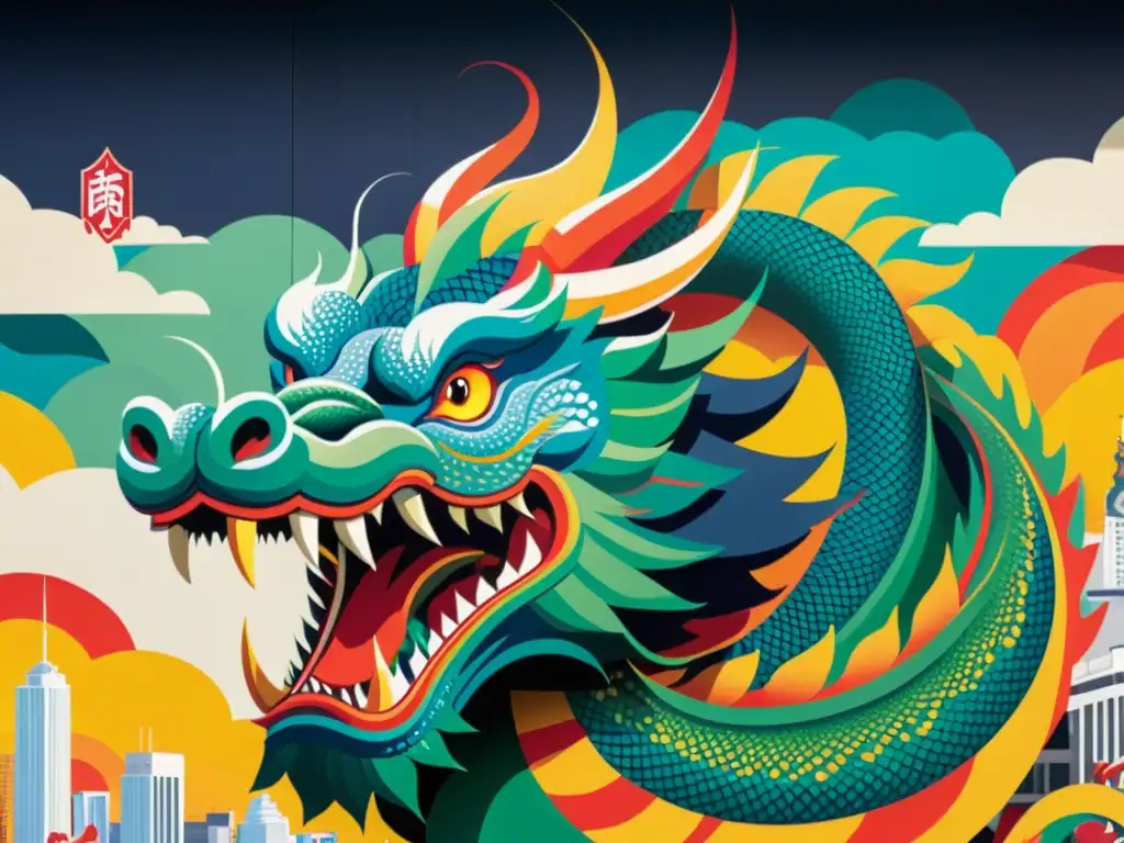 Un mural vibrante muestra al dragón de Ryuugujou en la ciudad, fusionando la mitología urbana con colores llamativos y detalles dinámicos