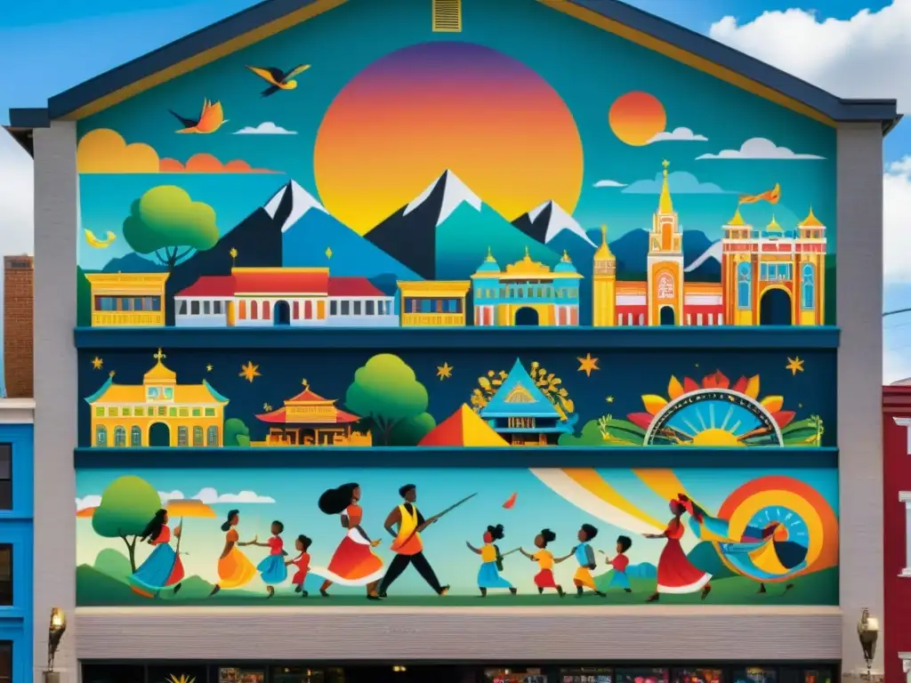 Un mural vibrante que retrata la cultura urbana a través de una exhibición colorida y detallada de encantamientos en la vida urbana