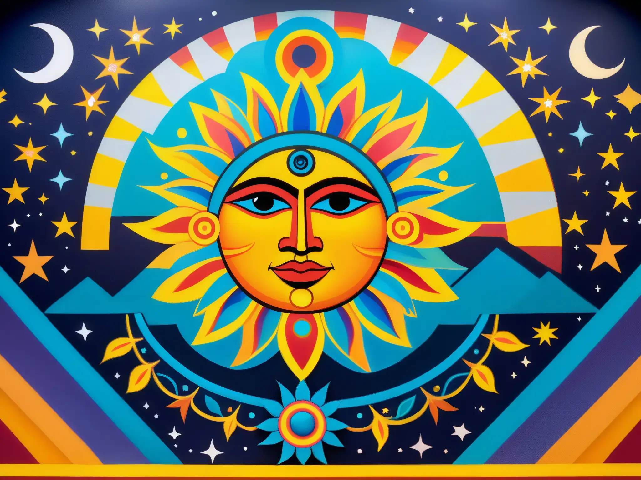 Un mural vibrante que representa la leyenda azteca del sol y la luna, con detalles intrincados que muestran la cosmovisión y romance azteca