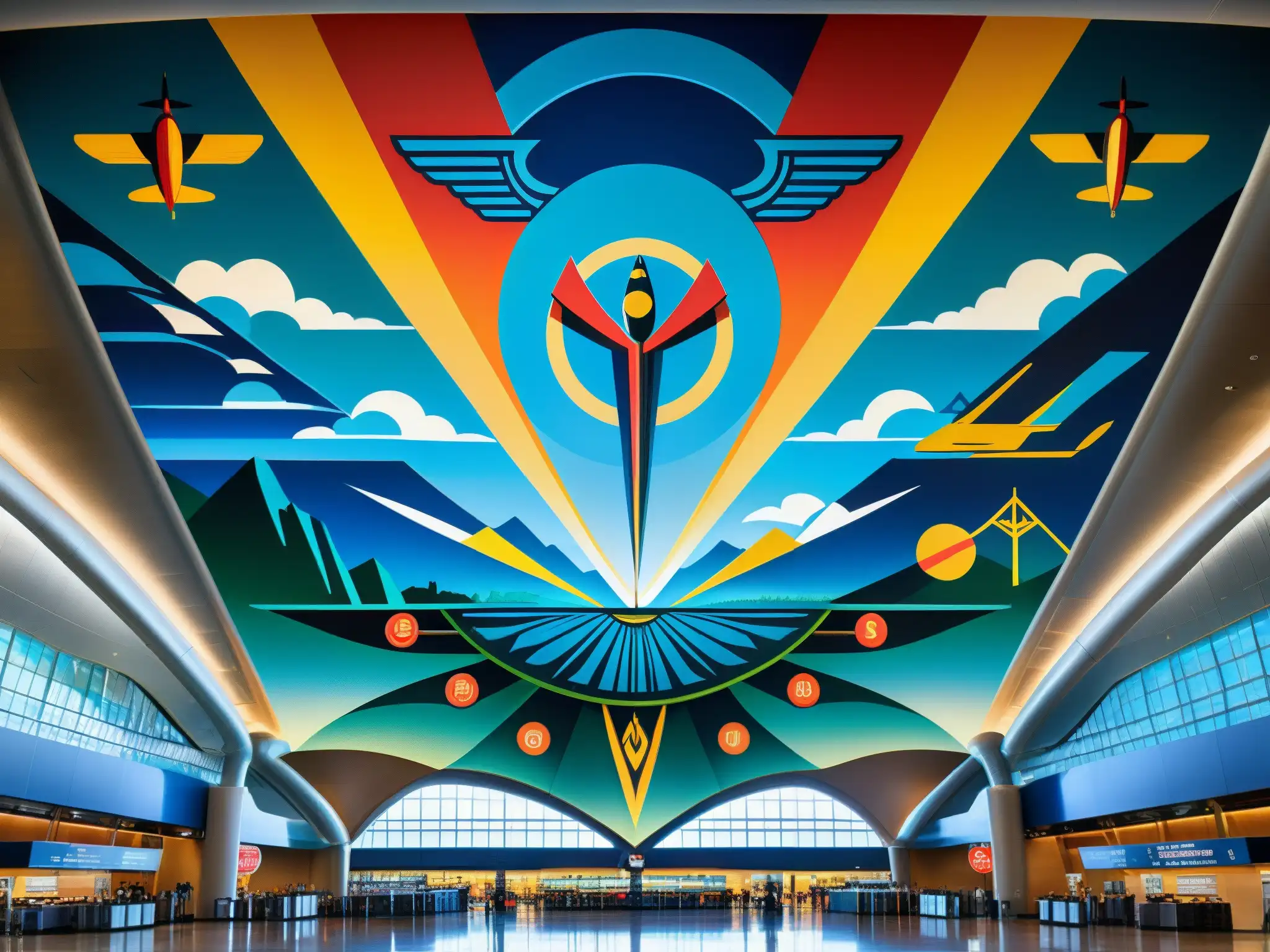 Murales detallados del aeropuerto de Denver, con símbolos enigmáticos que han generado teorías sobre la base subterránea de Denver mito