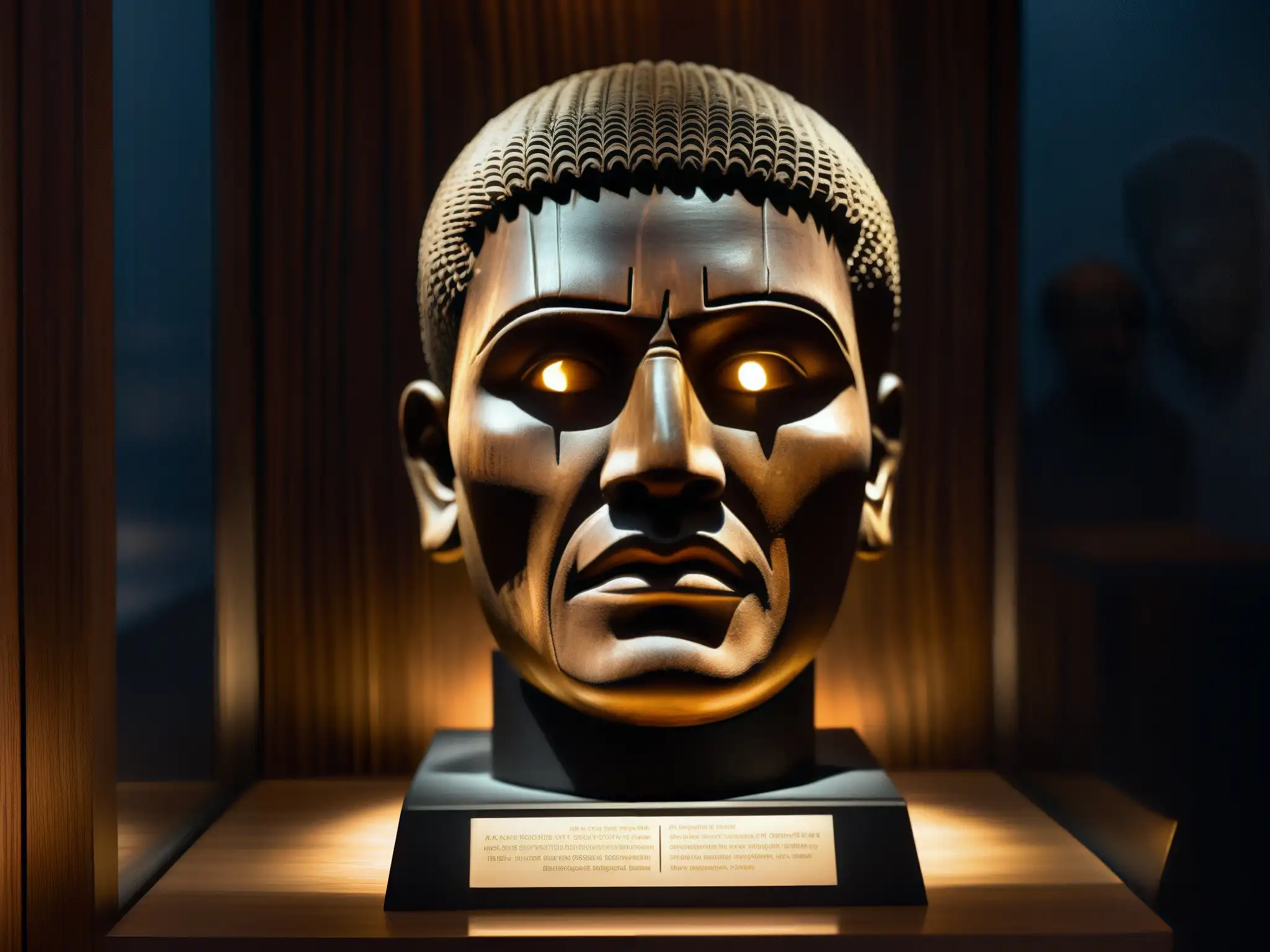 Exhibición en museo con la antigua cabeza de origen maldición parlante tallada en madera oscura, transmitiendo una sensación de angustia y furia