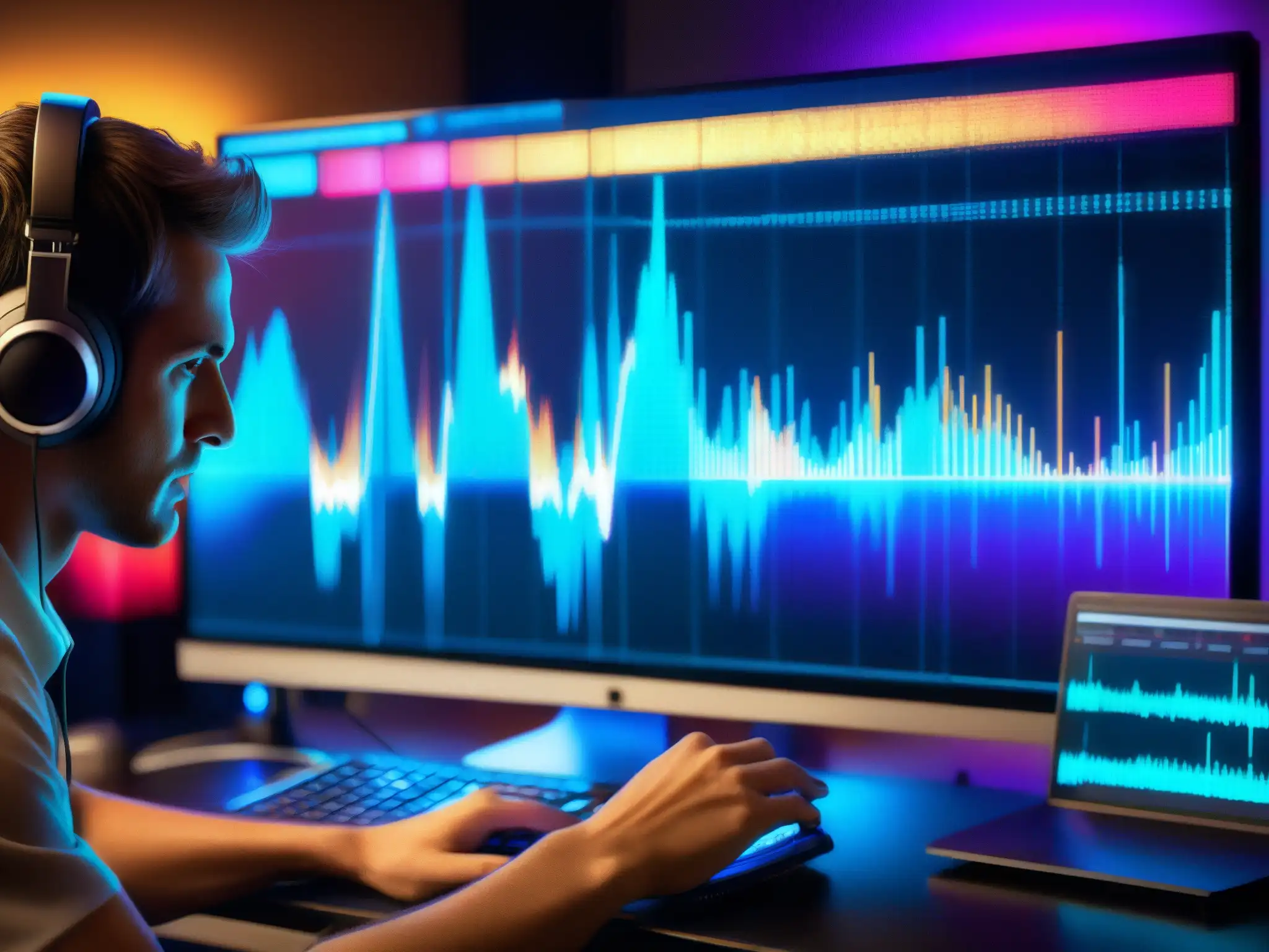Un músico analiza mensajes subliminales en una onda de música digital, en un estudio de grabación
