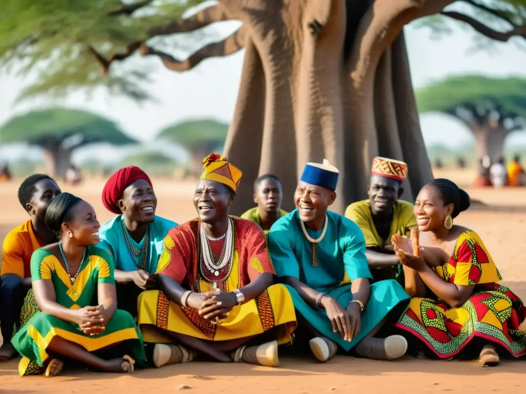 Nana Buluku, deidad ancestral Togo, cuenta historias bajo un baobab, con un público cautivado de todas las edades