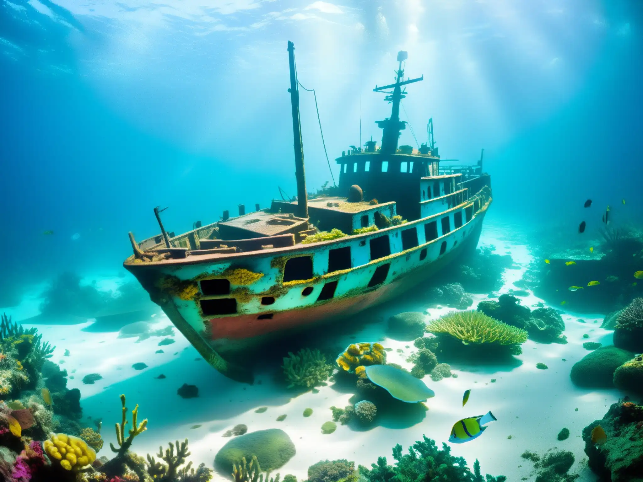 Un naufragio cubierto de coral y vida marina en el misterioso Triángulo de las Bermudas