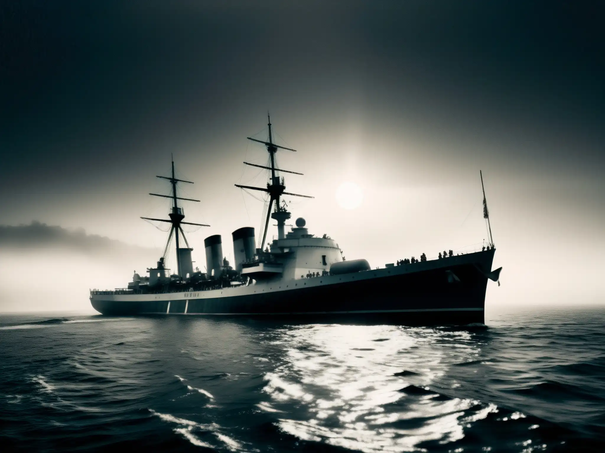 Navío naval en niebla con misteriosa distorsión evocando el Experimento Filadelfia teletransportación naval