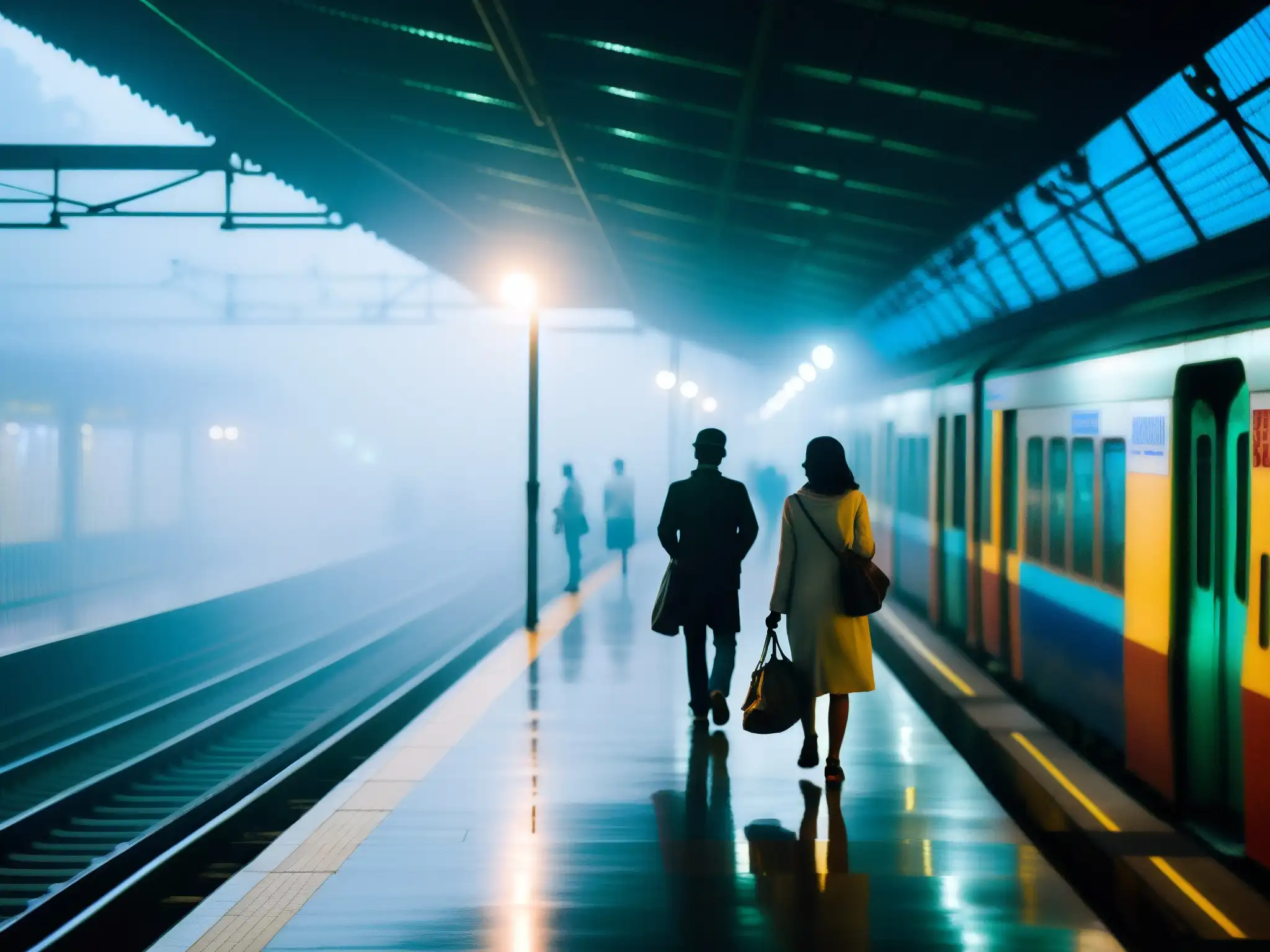 La neblina cubre la plataforma del metro de Rabindra Sarobar, donde los pasajeros esperan entre la niebla