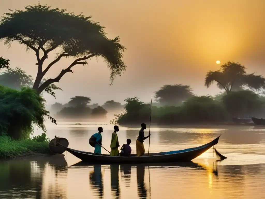 La neblina se eleva sobre el río Senegal al amanecer, con barcos pesqueros y exuberante vegetación