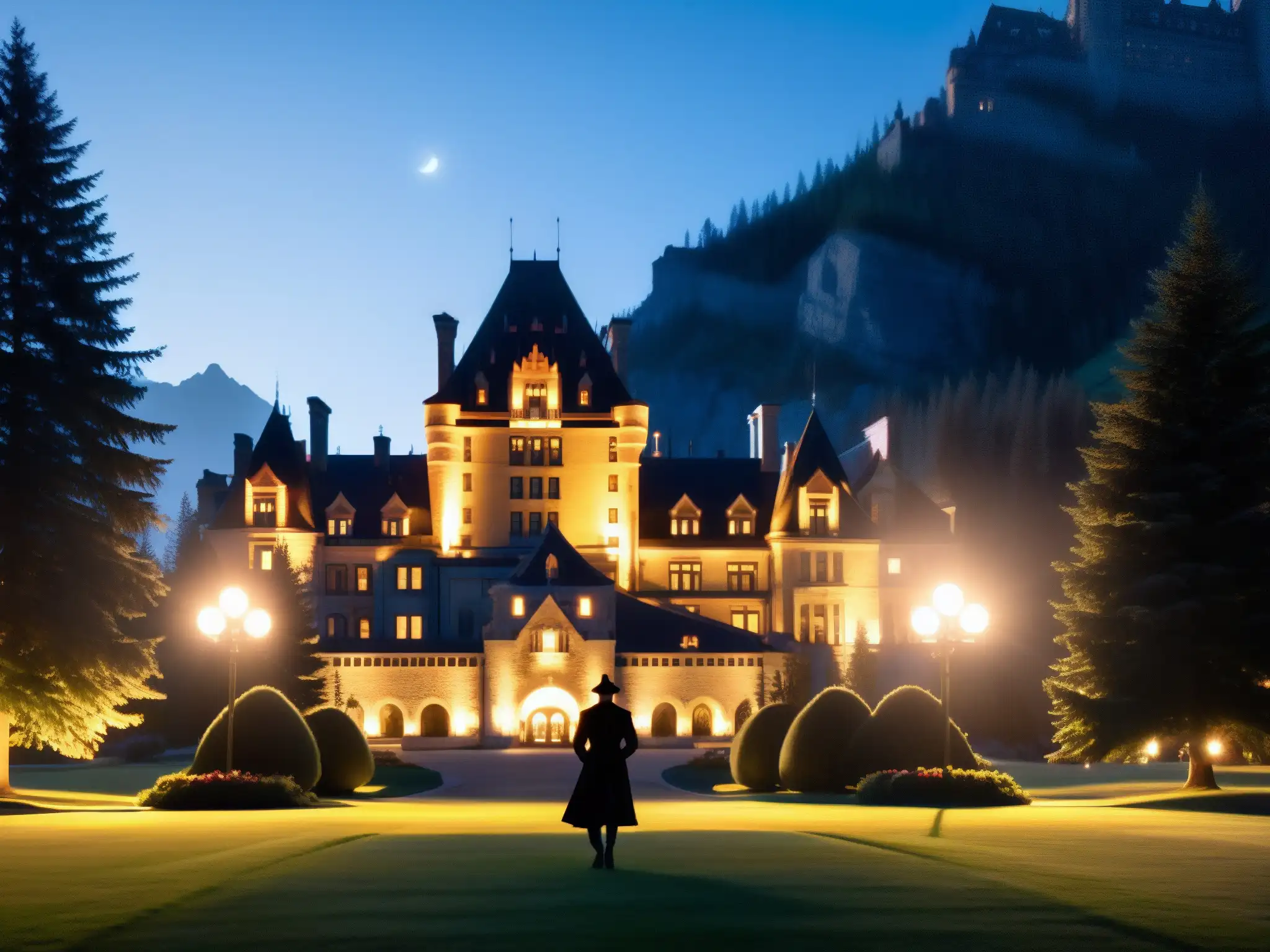 Figura en la niebla observa la misteriosa fachada gótica del hotel encantado Fairmont Banff en una noche de luna