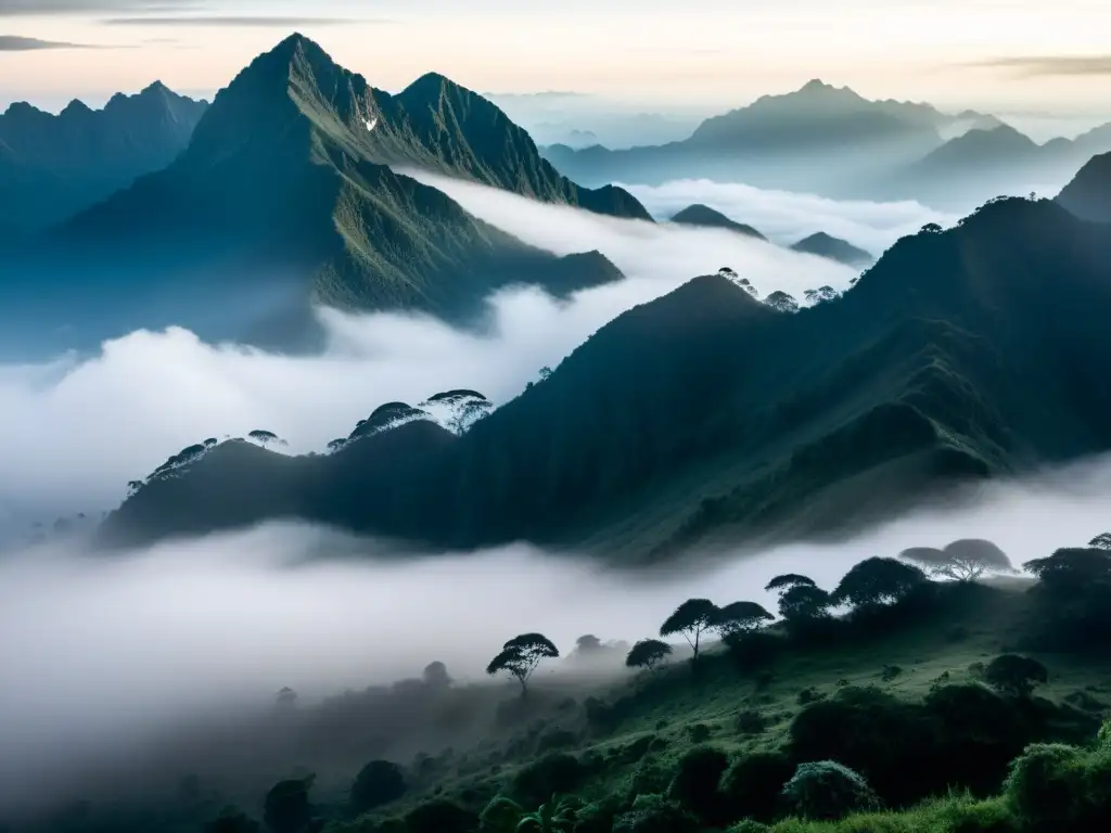 Espíritus danzando en la niebla de las Montañas Rwenzori, creando una atmósfera mística y enigmática entre los picos y árboles fantasmagóricos