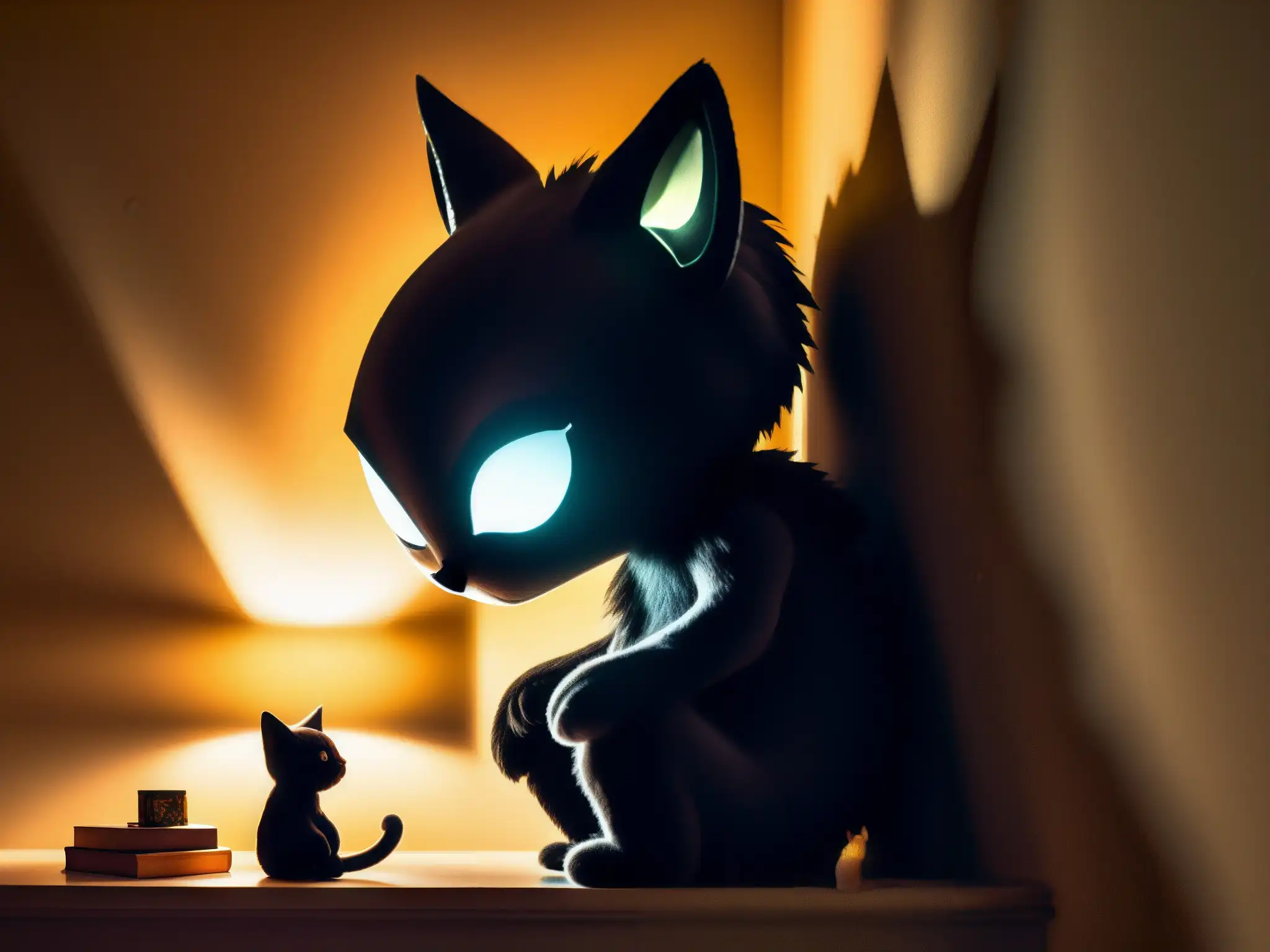 Un niño asustado en su habitación a oscuras abraza su peluche, mientras una sombra aterradora se asoma debajo de la cama