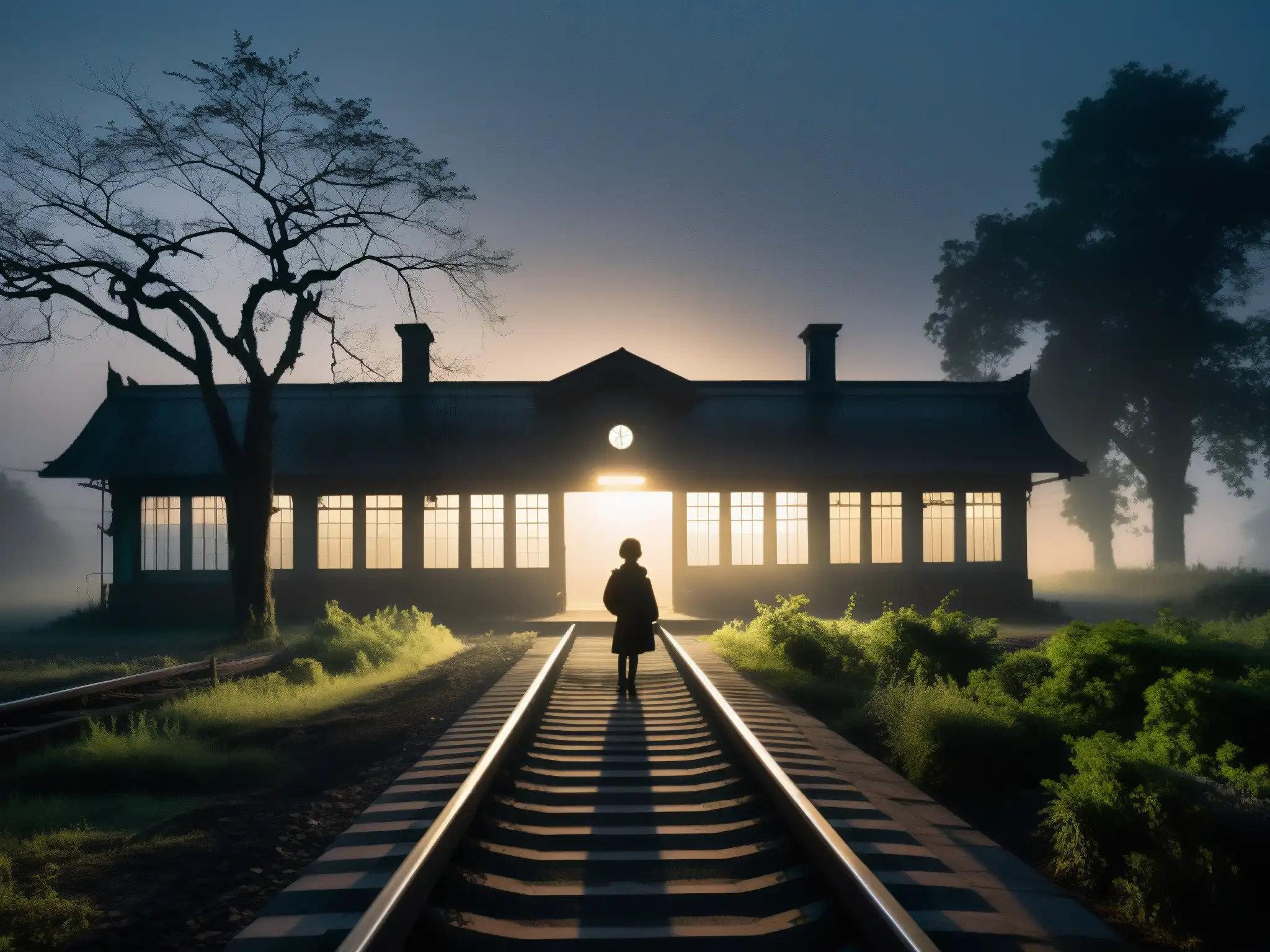 Un niño fantasmal en la estación de ferrocarril Begunkodor, rodeado de niebla y misterio