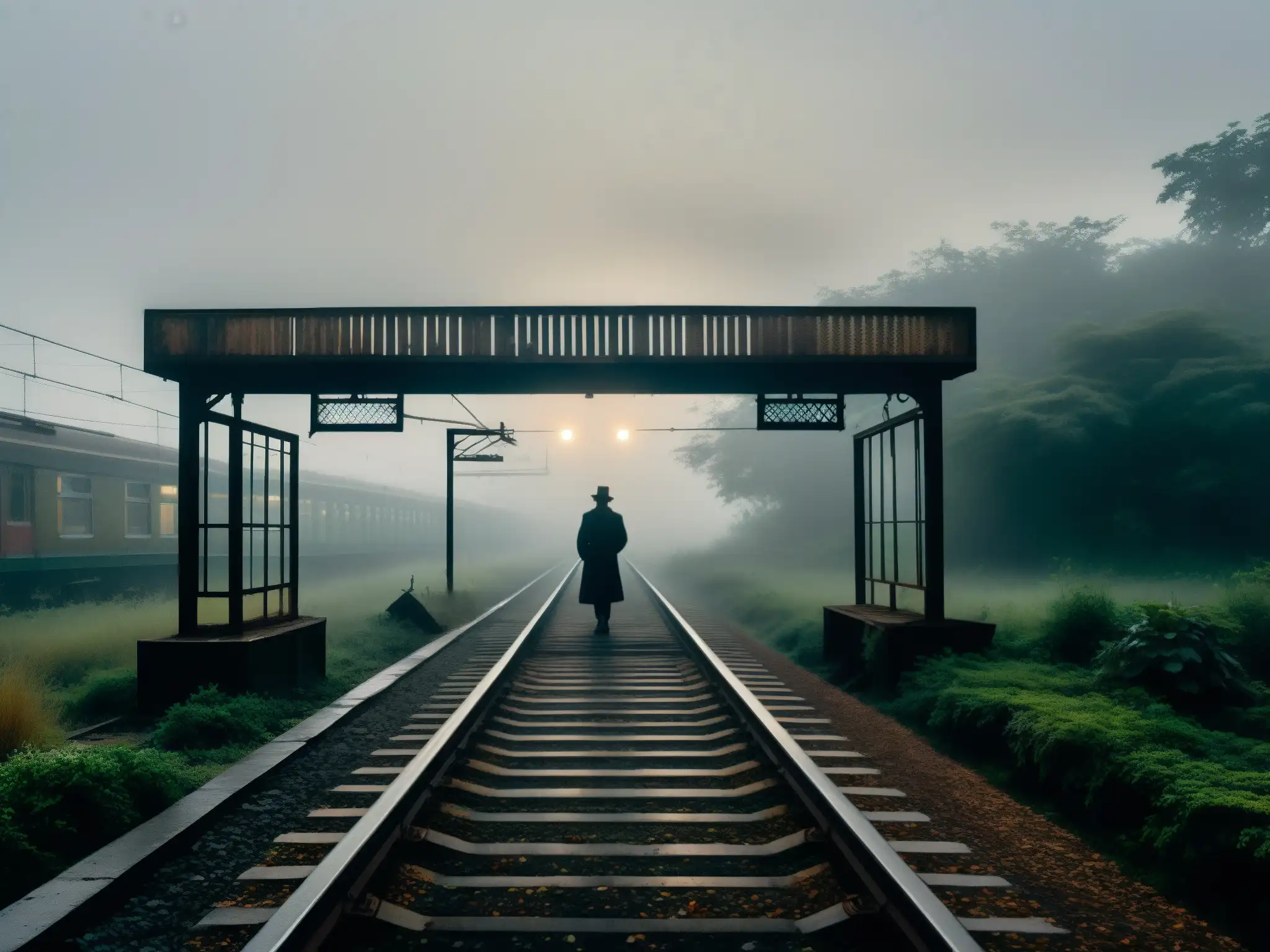 Un niño fantasma se vislumbra en la estación de ferrocarril Begunkodor, entre la neblina y la vegetación abandonada