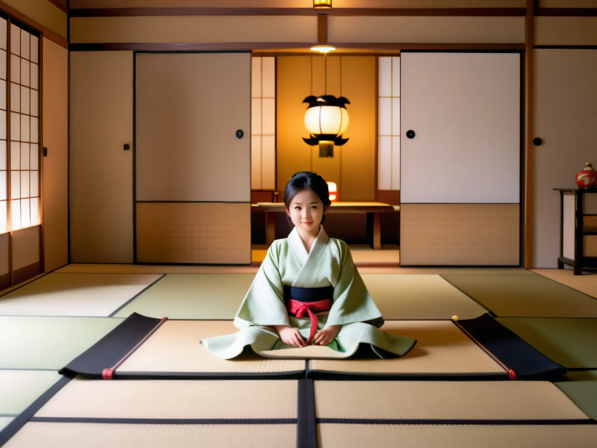 Un niño fantasma Zashikiwarashi juguetón en una habitación japonesa tradicional, creando una atmósfera etérea y misteriosa