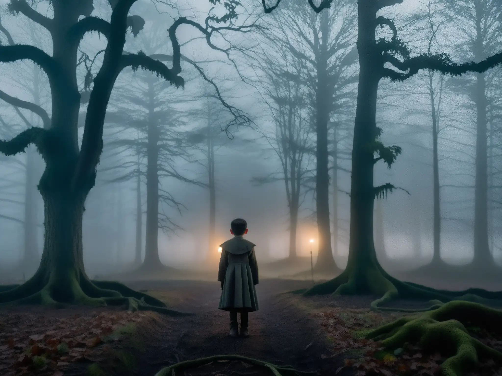 Un niño misterioso entre árboles en la niebla, capturando la leyenda del niño Monierkhal espíritu juguetón