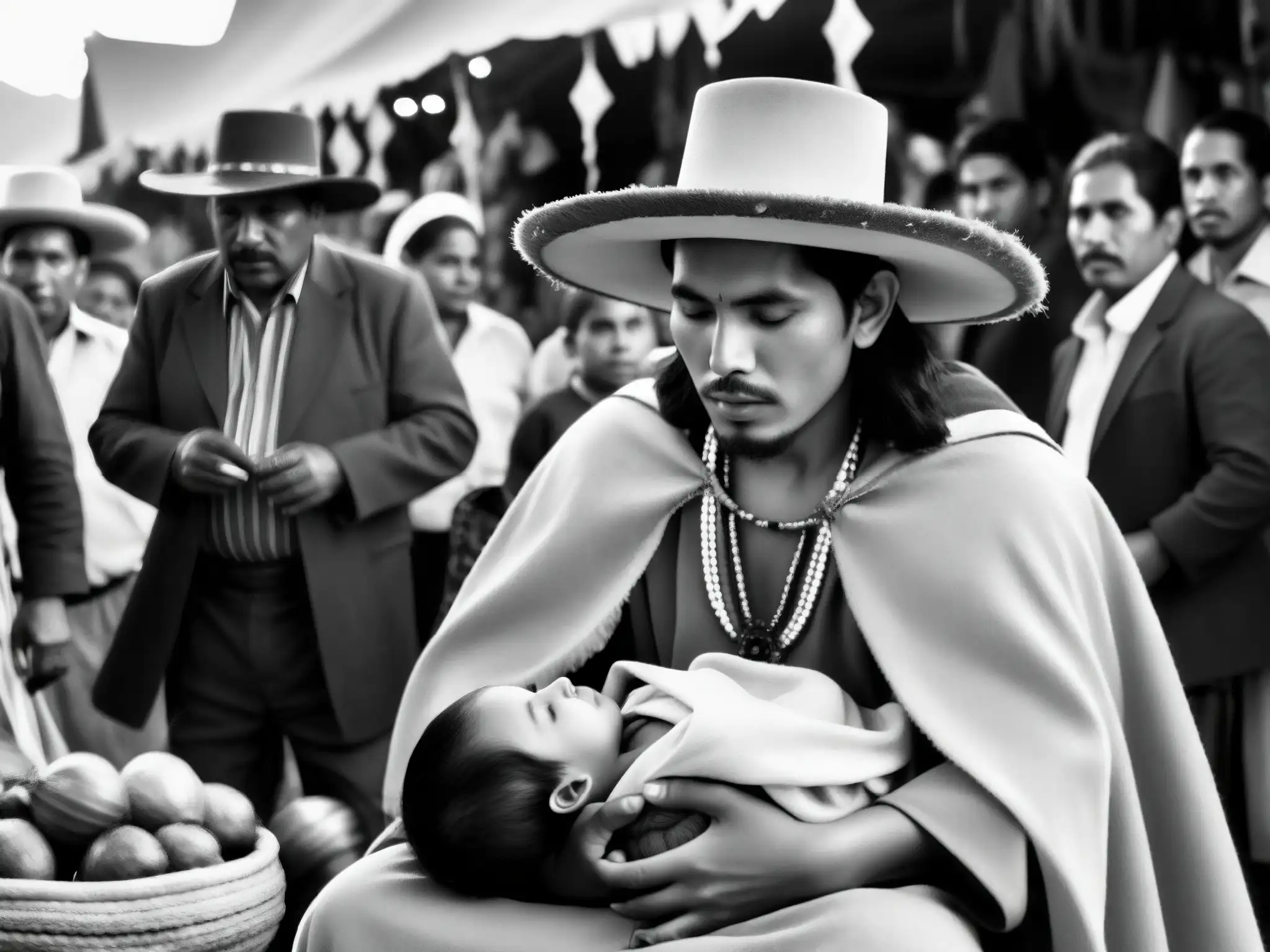 El Niño Fidencio cura a un niño en un mercado mexicano, rodeado de espectadores asombrados