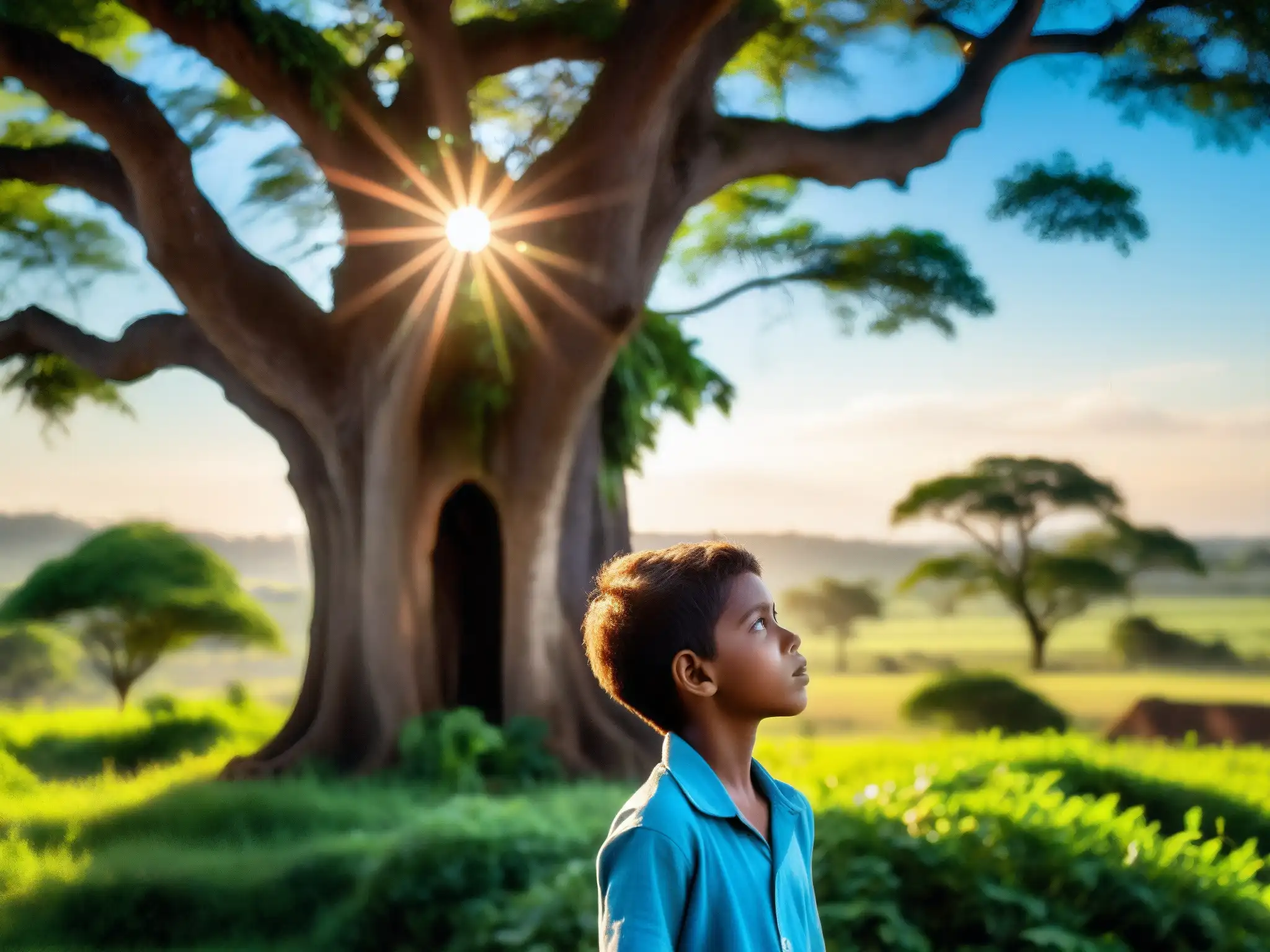 Un niño de ojos azules se encuentra bajo un árbol antiguo en el exuberante campo de Paraguay, evocando la leyenda del Jasy Jatere