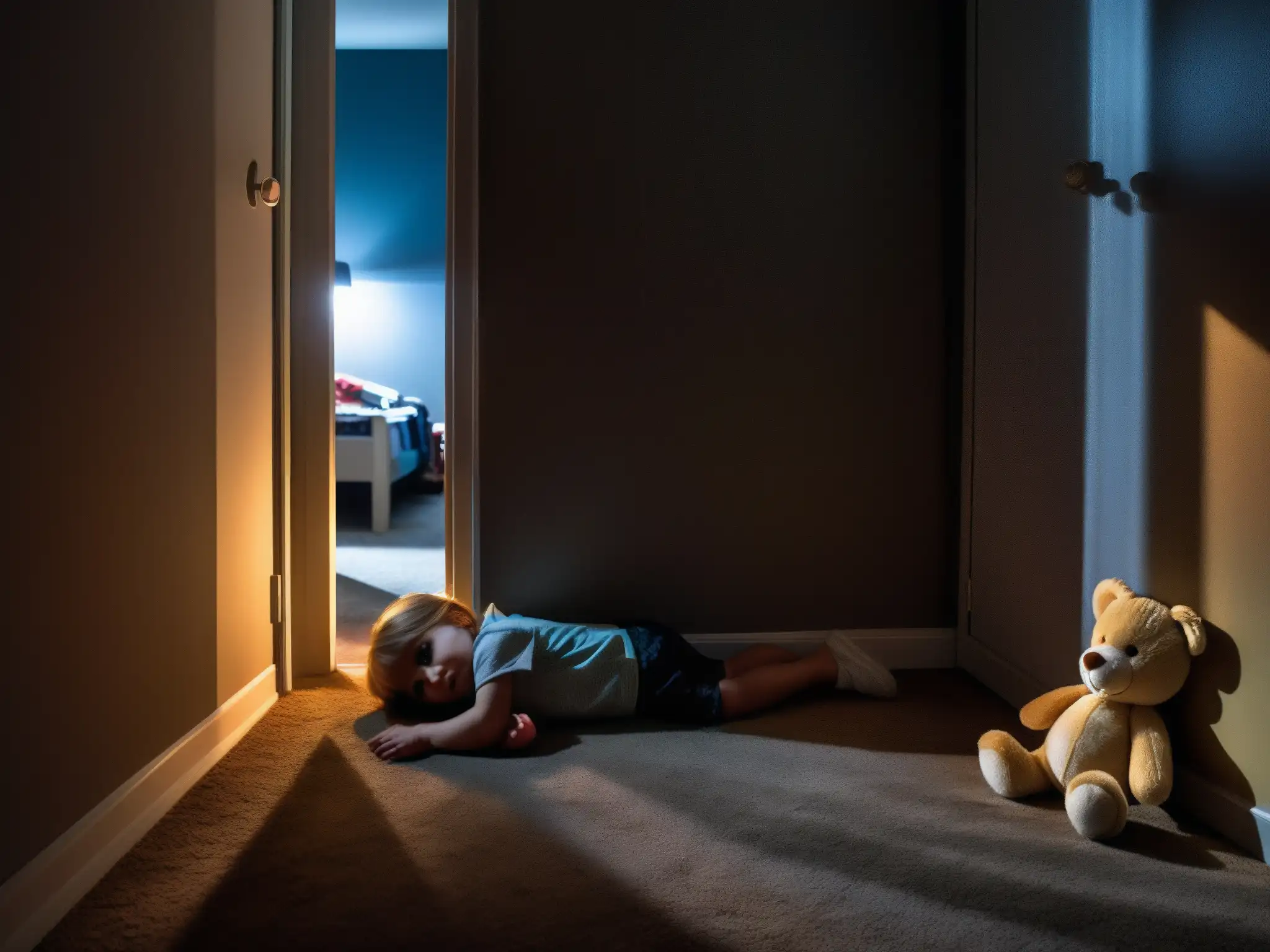Un niño tenso y asustado mira el espacio oscuro debajo de su cama, rodeado de juguetes dispersos