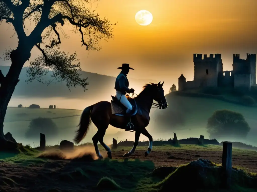 En una noche brumosa y bajo la luz de la luna, el Jinete sin Cabeza galopa en el campo, rodeado de árboles antiguos y ruinas de un castillo