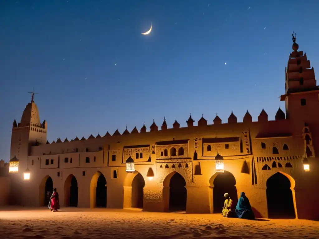 Noche iluminada por la luna en Djenné, Mali, con edificios antiguos de adobe proyectando sombras dramáticas