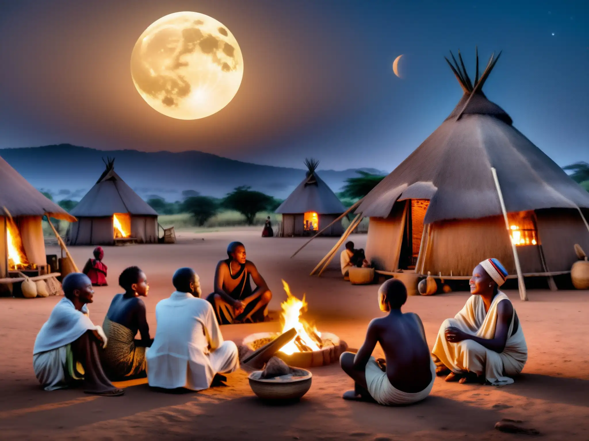 Noche mágica en aldea africana, ancianos cuentan historias junto al fuego bajo la luna llena
