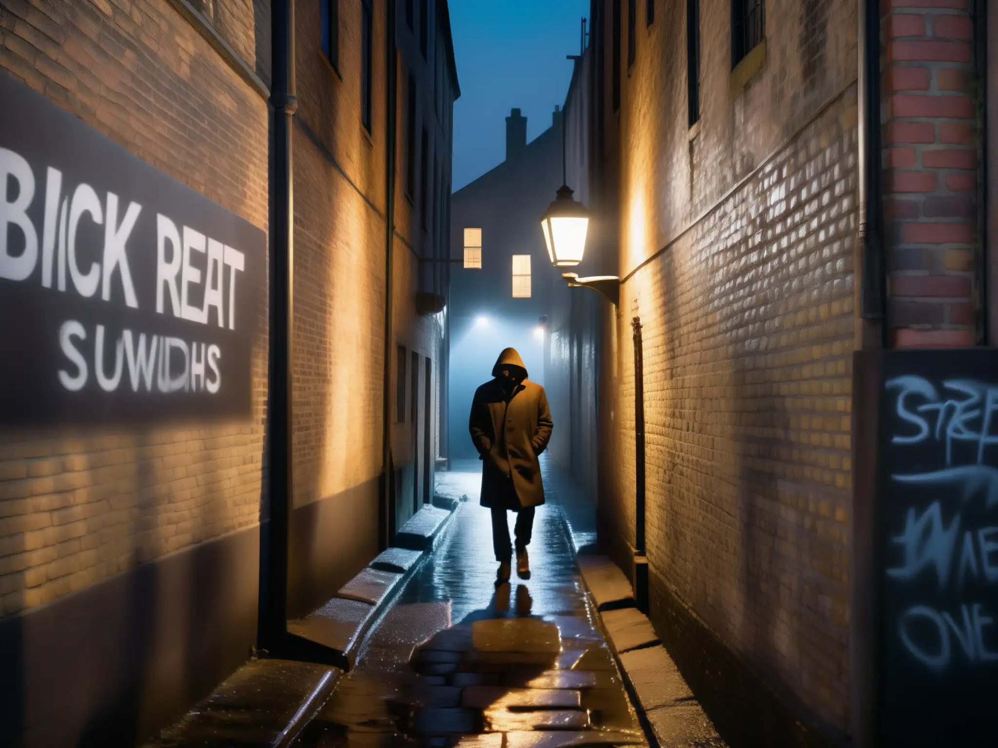 Una noche misteriosa en un callejón sombrío, con graffiti y una figura en silueta, perpetuando supersticiones en leyendas urbanas