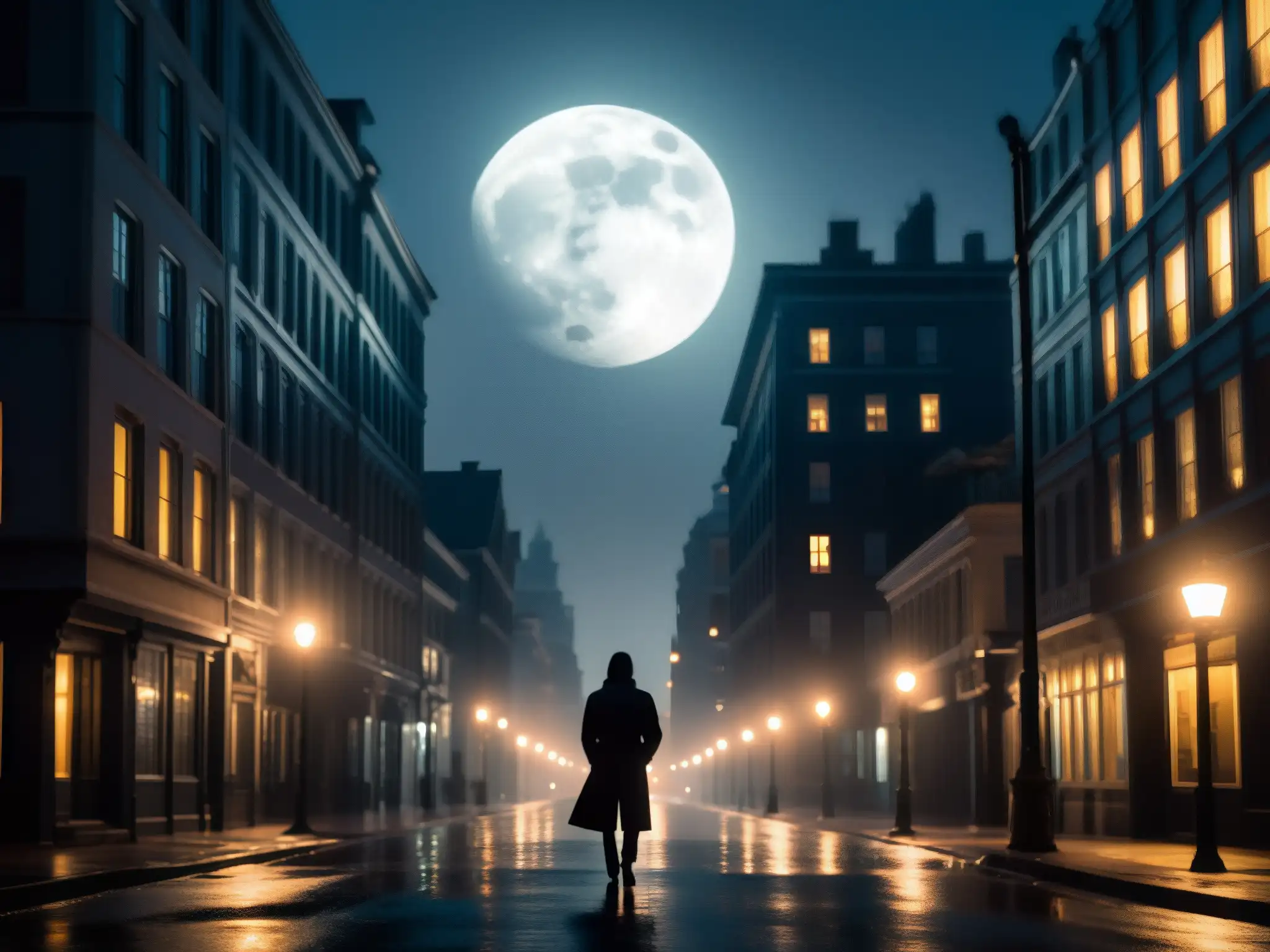 En una noche misteriosa, un figura se alza bajo la luz de la luna en una calle urbana
