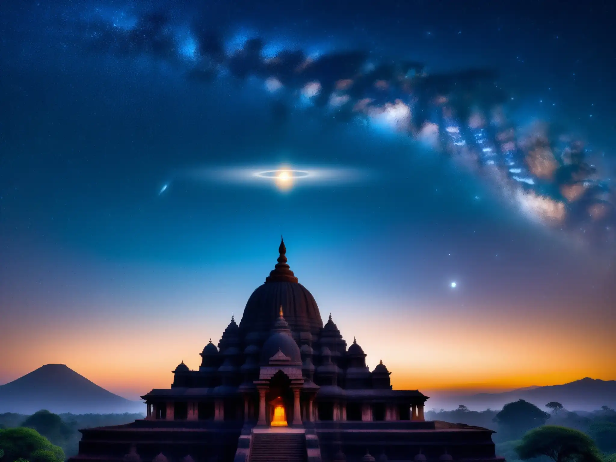 Una noche mística sobre los templos antiguos de la India, con el misterioso brillo del Origen mitológico Muhnochwa India en el horizonte estrellado