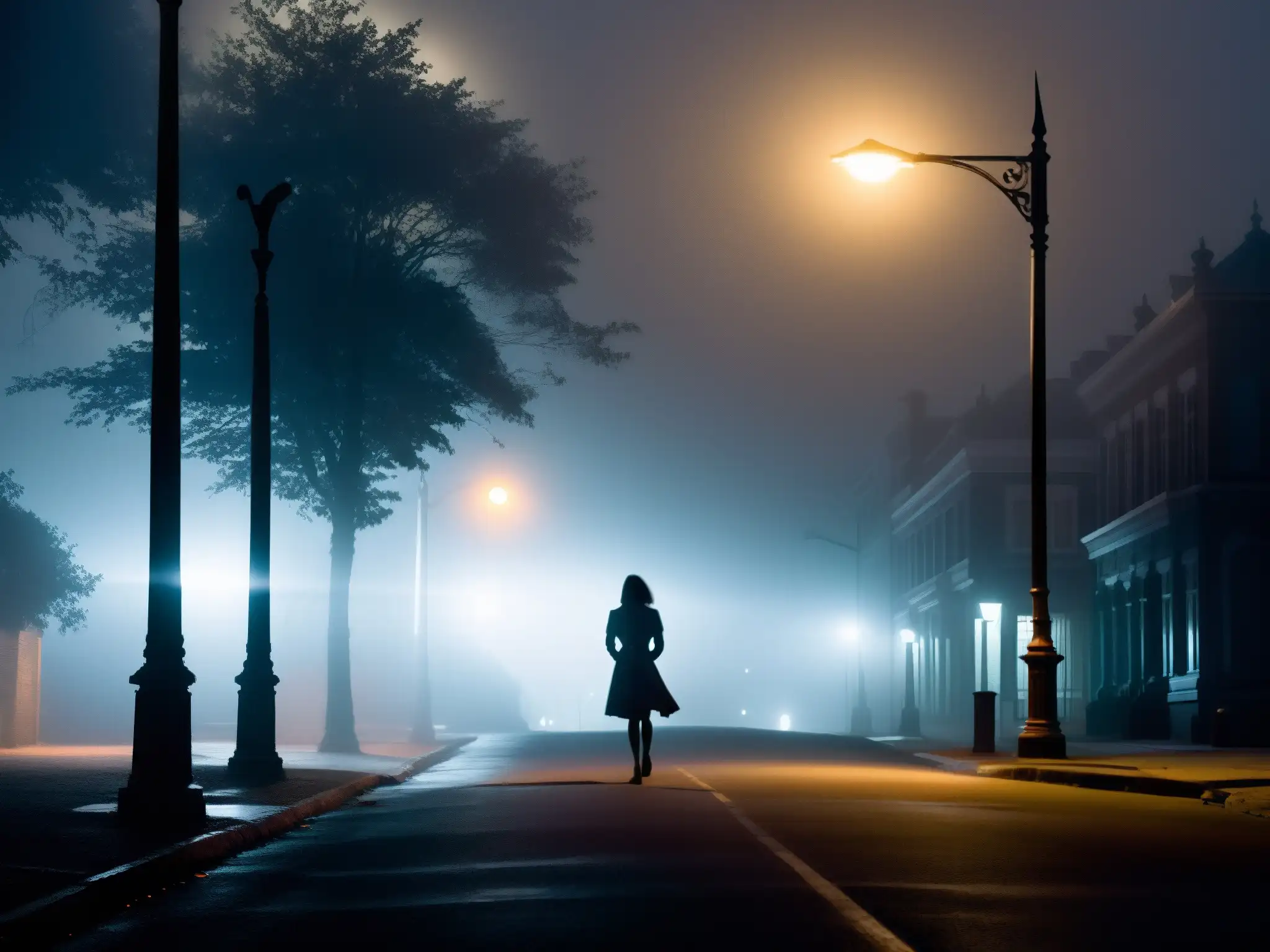 Una noche neblinosa y lúgubre en la ciudad, TekeTeke acecha bajo una farola parpadeante